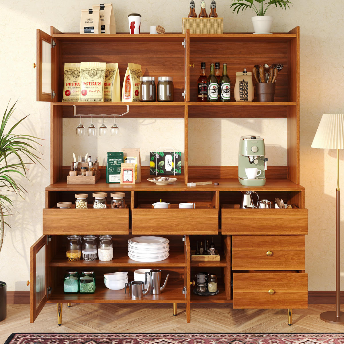 HOCHSCHRANK aus MDF in Walnussbraun mit Changhong-Glastür und Weinregal, 145/39/171 cm, Walnussbraun - Walnussfarben, Holzwerkstoff (39/171/145cm) - Redom