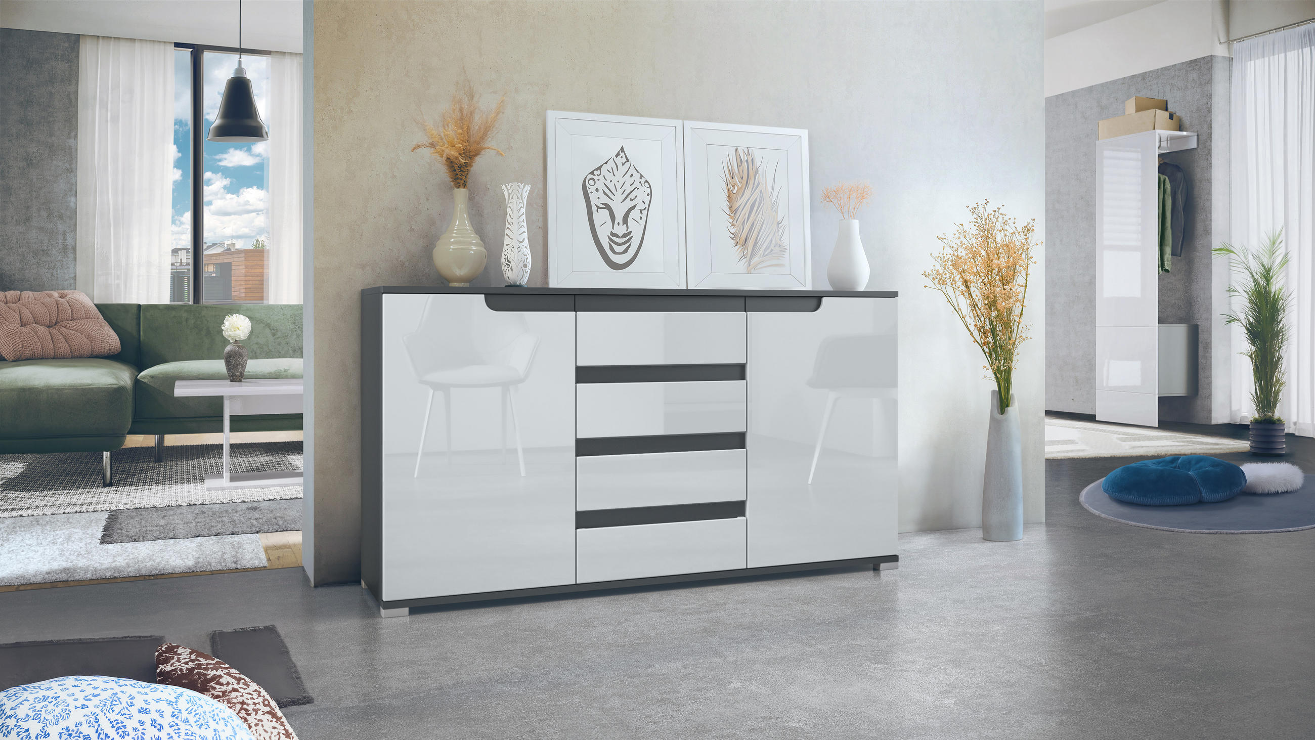SIDEBOARD Sylt Weiß Hochglanz / Anthrazit matt - Weiß Hochglanz, Holzwerkstoff (138.5/75.5/35cm) - Vladon
