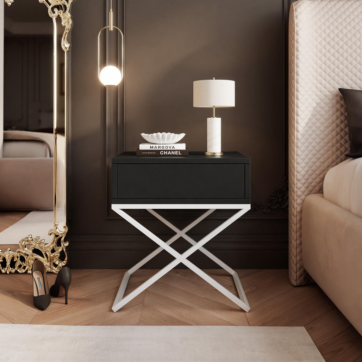NACHTSCHRANK KSENO mit Schublade, 45/35/50 cm, Weiß / Schwarz - Schwarz/Weiß, Holzwerkstoff/Metall (45/50/35cm) - Idohome