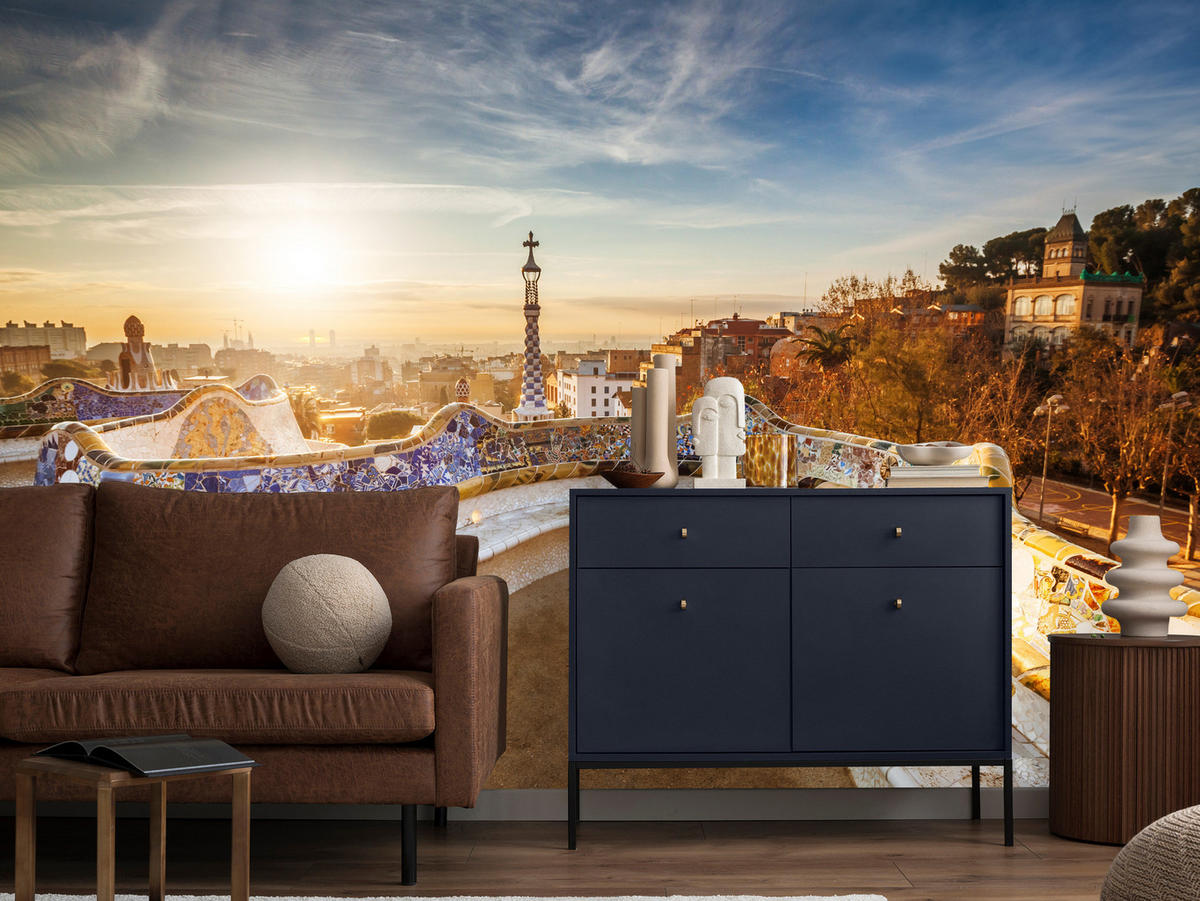 FOTOTAPETE für Wohnzimmer Sonnenaufgang Barcelona Denkmäler 400x280 - Gelb/Beige, Papier (400/280cm) - Muralo
