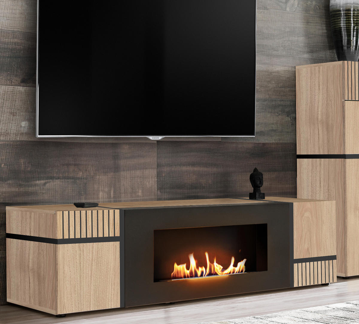 TV-LOWBOARD Eiche Hickory, schwarz 150 cm, TV Unterteil mit Ethanol Kamin - Eichefarben/Schwarz, Holzwerkstoff/Kunststoff (150/40/50cm) - Inn.Furn