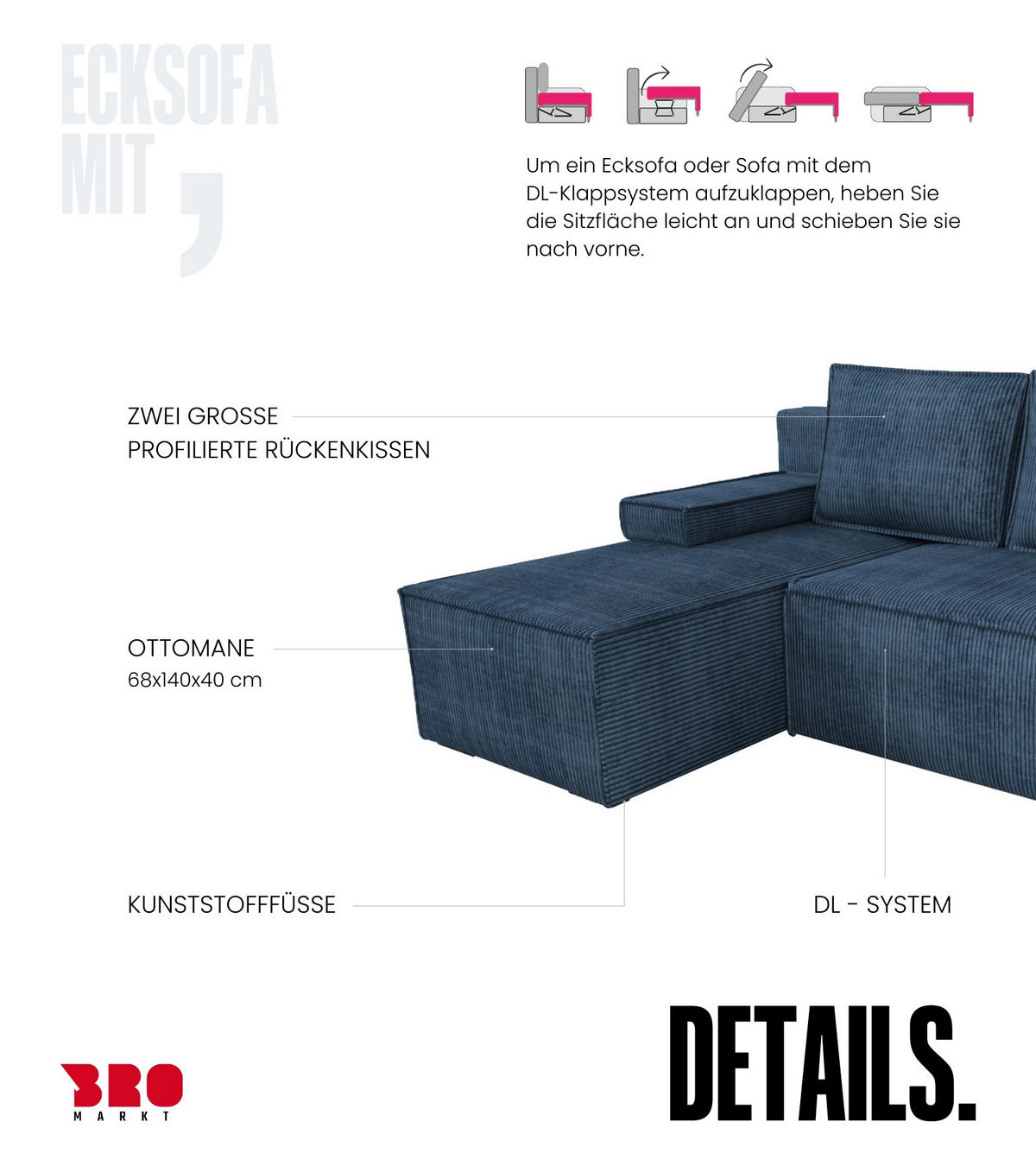 ECKSOFA Caspar mit Schlaffunktion Blau Cord - Blau, Textil (200/141cm) - Bromarkt