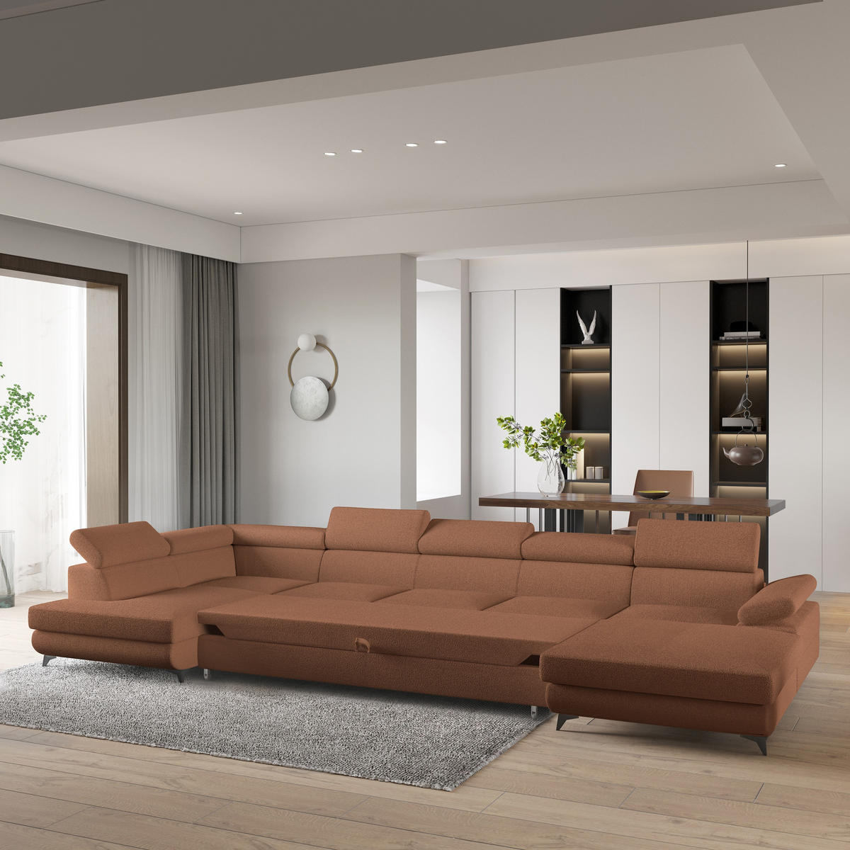 WOHNLANDSCHAFT MONTIVA Kupferfarben Boucle-Stoff mit Schlaffunktion - Kupferfarben, Holz (410/89/190cm) - MASSENO