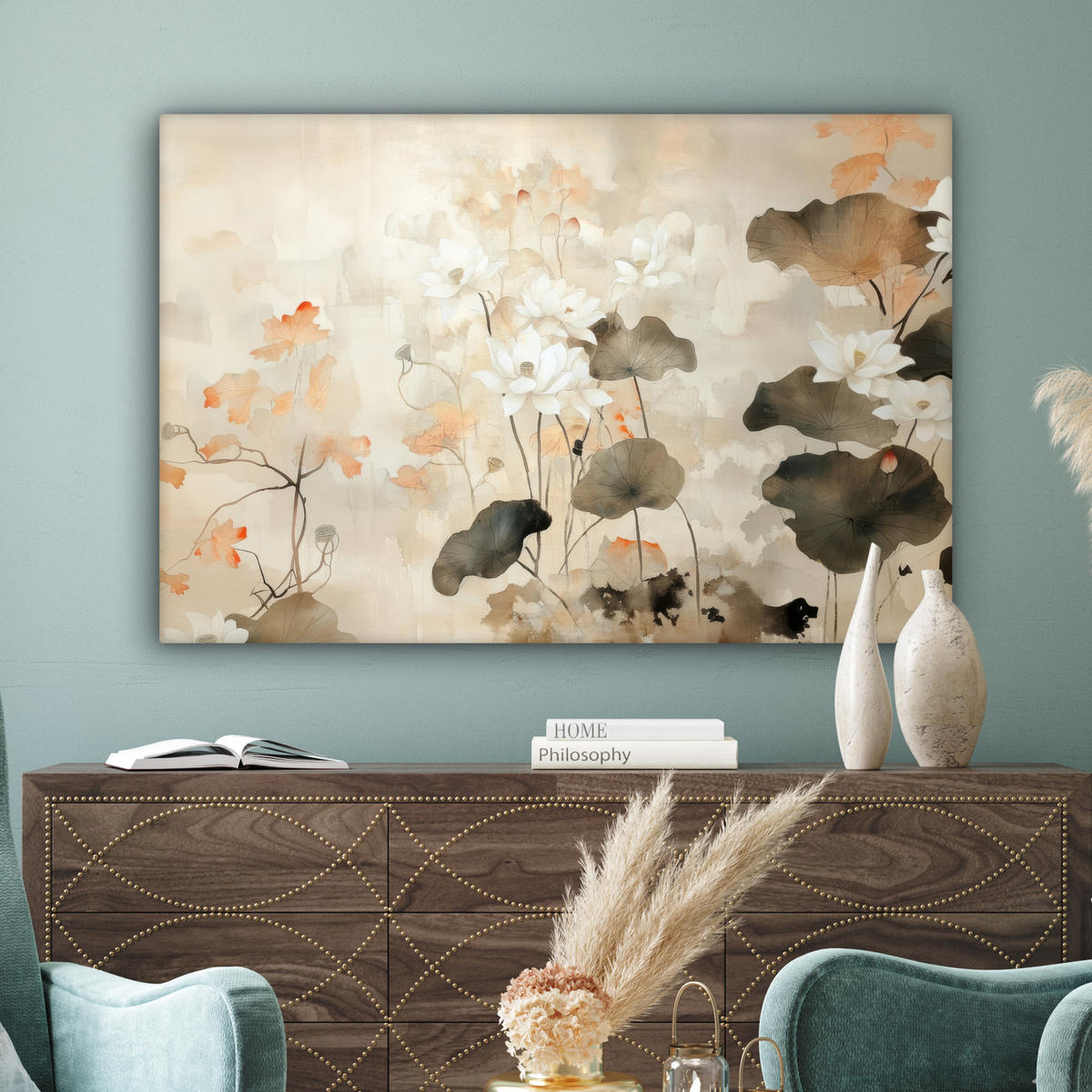 LEINWANDBILD Blumen - Japandi - Wabi sabi Groß 140x90 cm - Sandfarben, Textil (140/90cm) - MuchoWow