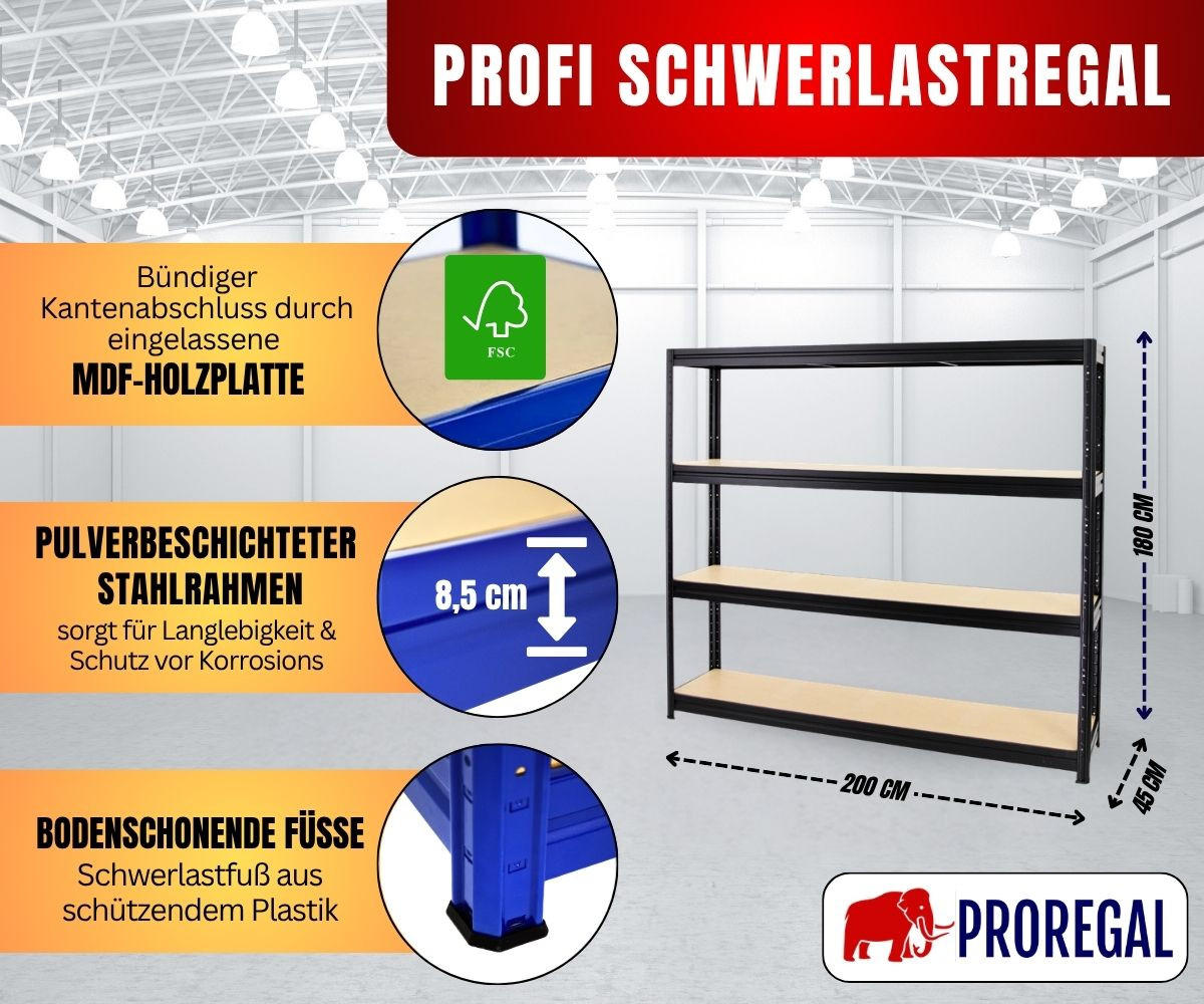 SCHWERLASTREGAL Dino 180x200x45 cm Fachlast 500 kg Schwarz - Schwarz, Metall (200/180/45cm) - PROREGAL