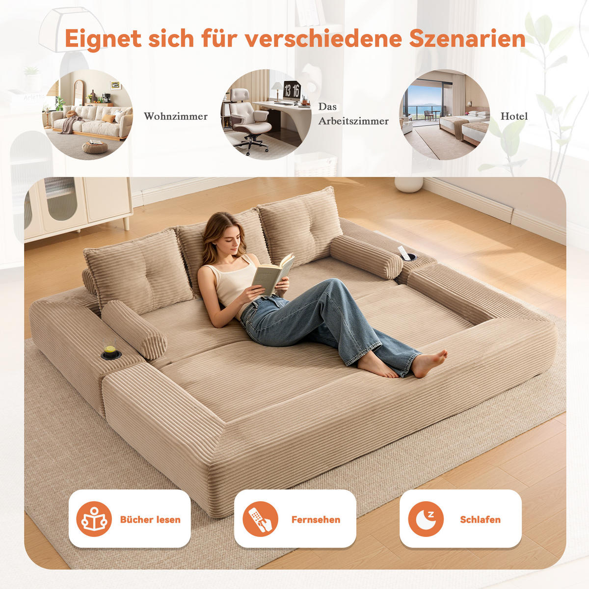 SCHLAFSOFA, 2-in-1 Klappsofa mit Getränkehalter, Modulares Bodensofa Cordstoff, Khaki - Hellbraun, Textil (232/80/98cm) - LVHOM