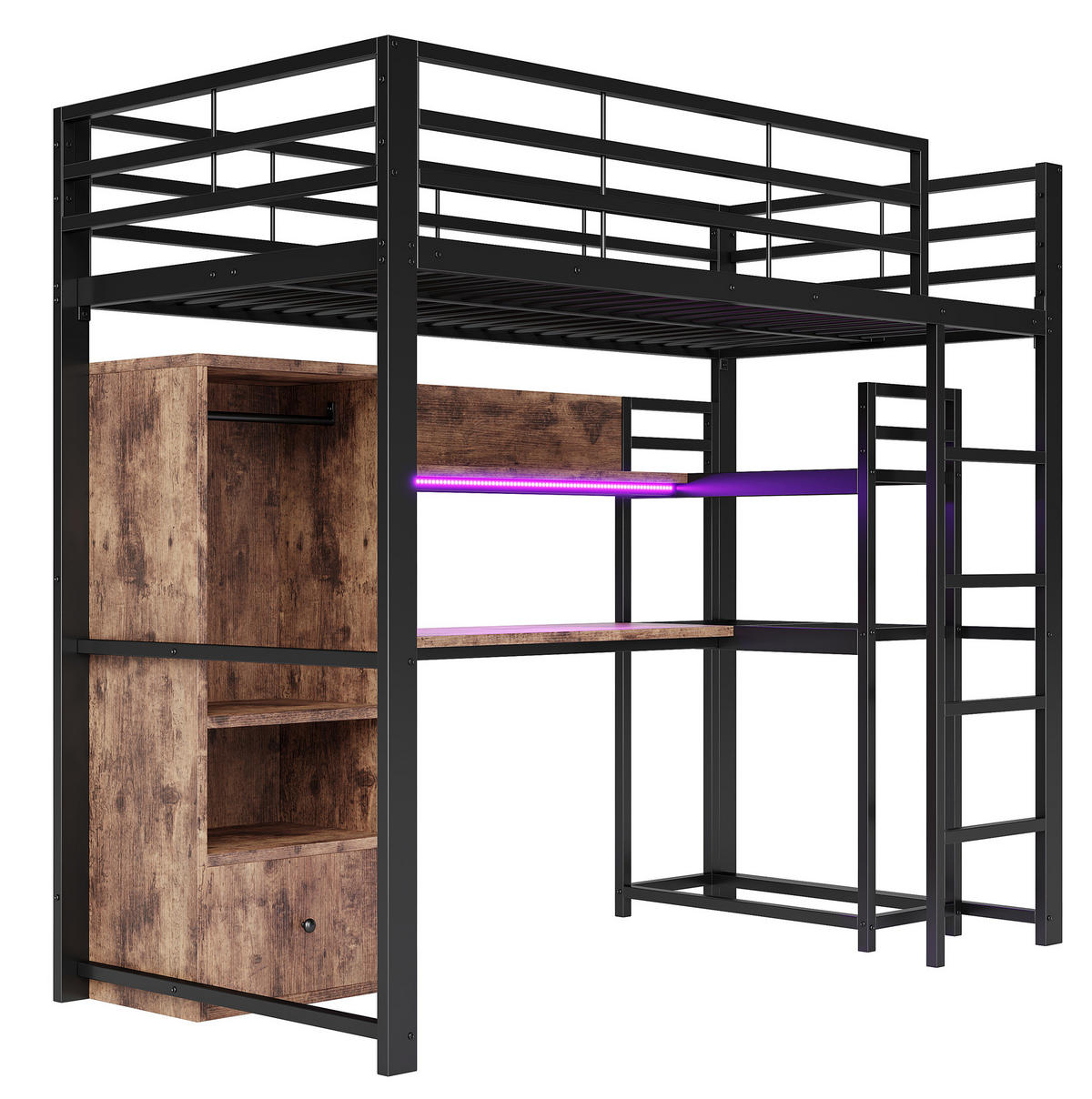 HOCHBETT 90/200 cm schwarz aus Metall/MDF mit Schreibtisch - Schwarz, Holzwerkstoff (90/200cm) - OKWISH