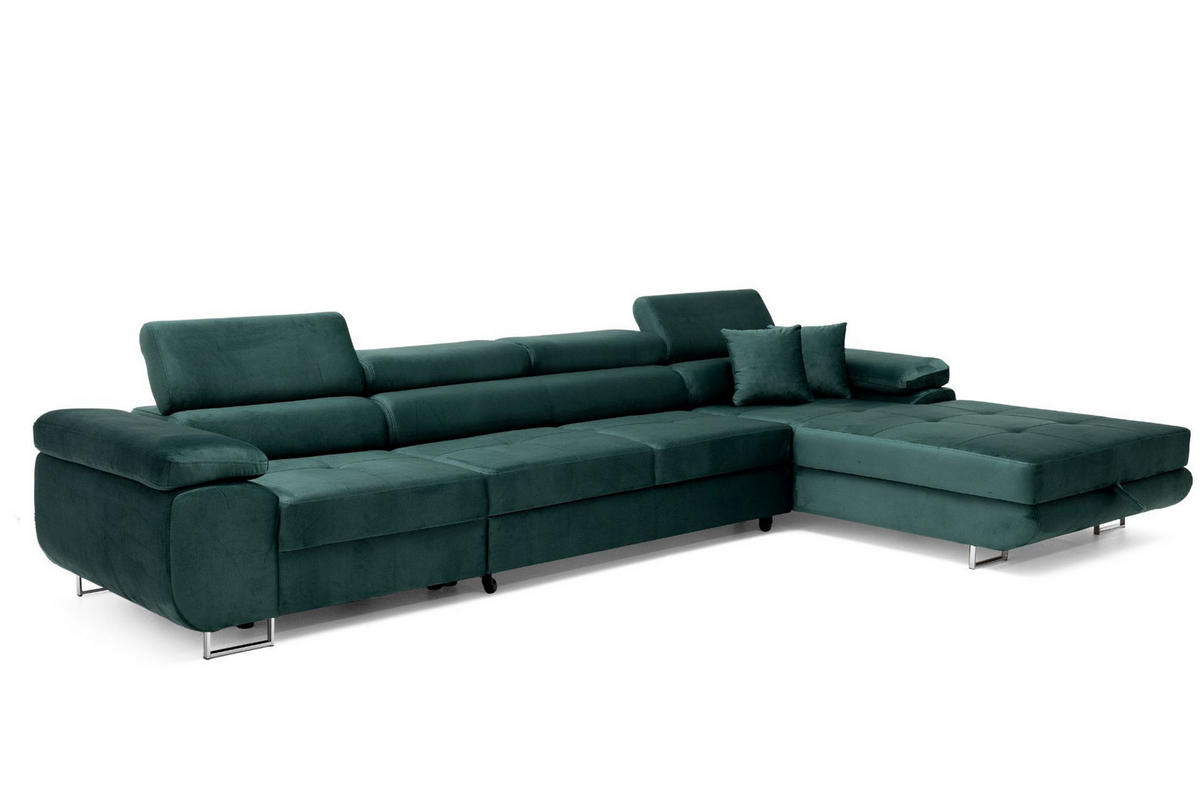 ECKSOFA ALONZO MAXI Rechts mit Schlaffunktion 125x195 Velours Grün - Silberfarben/Grün, Holz/Textil (203/350cm) - Muffo