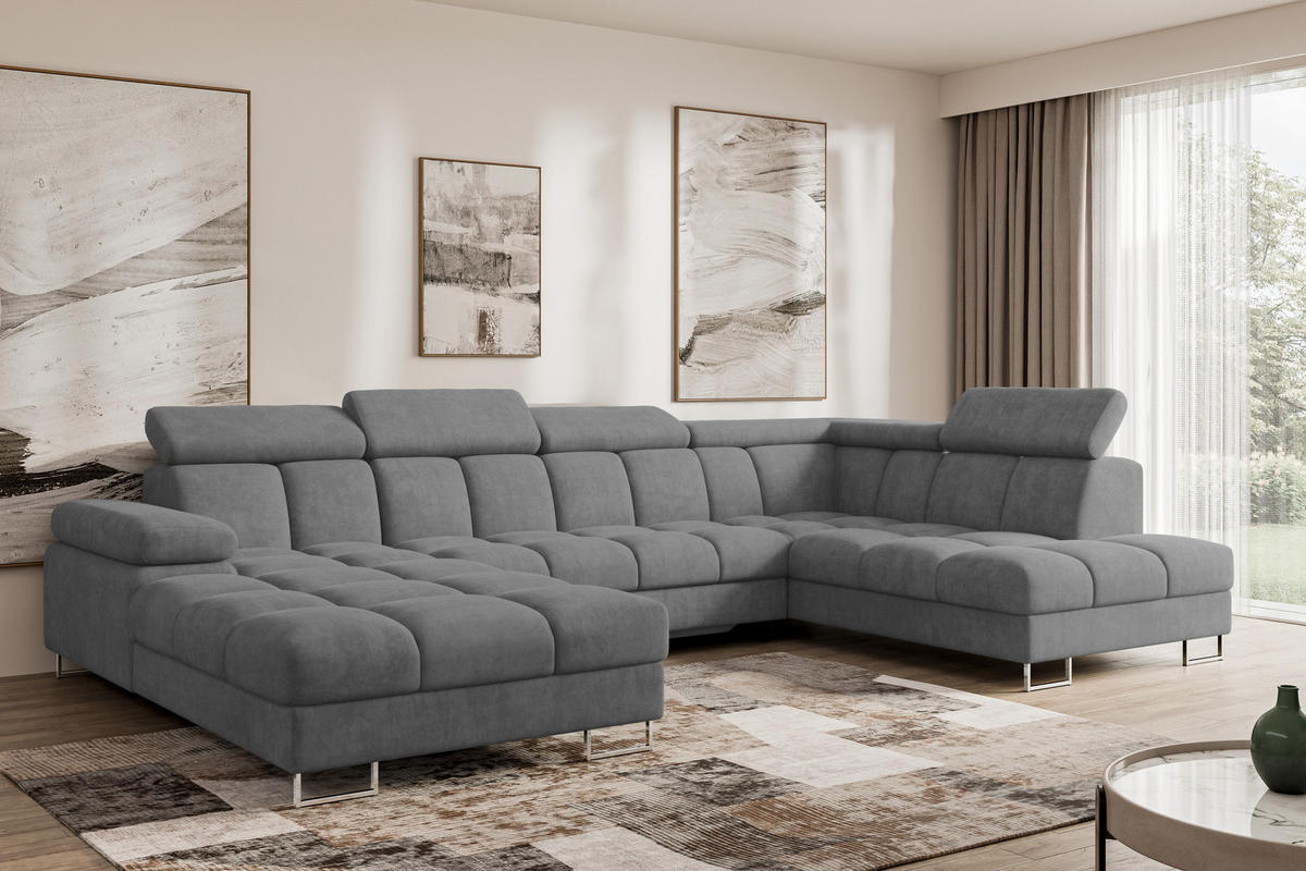 WOHNLANDSCHAFT mit Schlaffunktion und Bettkasten Ottomane RECHTS COMA U 345x203x79 Grau Velours - Grau, Holzwerkstoff/Textil (203/79/345cm) - ALTDECOR