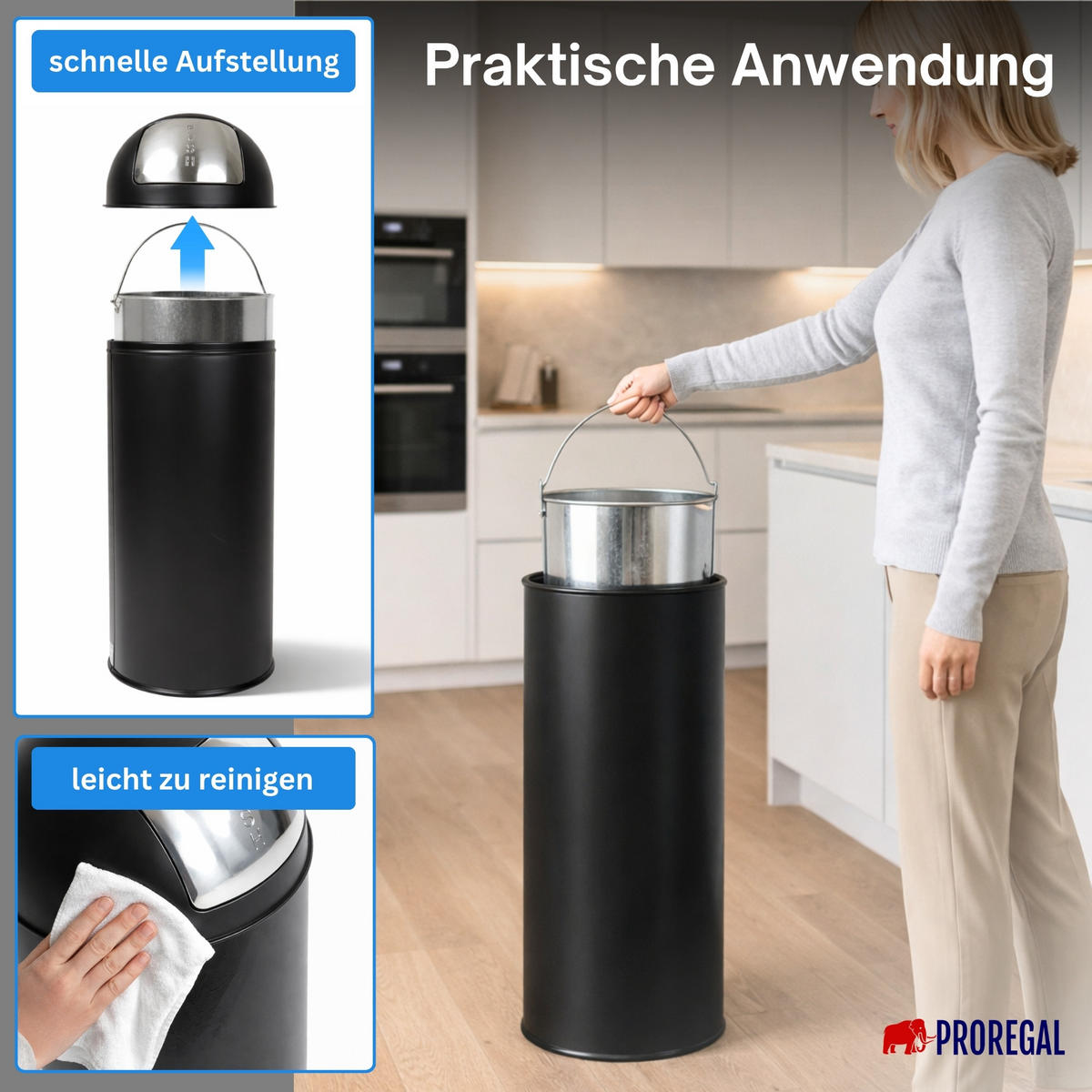MÜLLEIMER 70 Liter mit Push Klappe Matt Schwarz - Schwarz, Metall (41.5/89.5/41.5cm) - PROREGAL