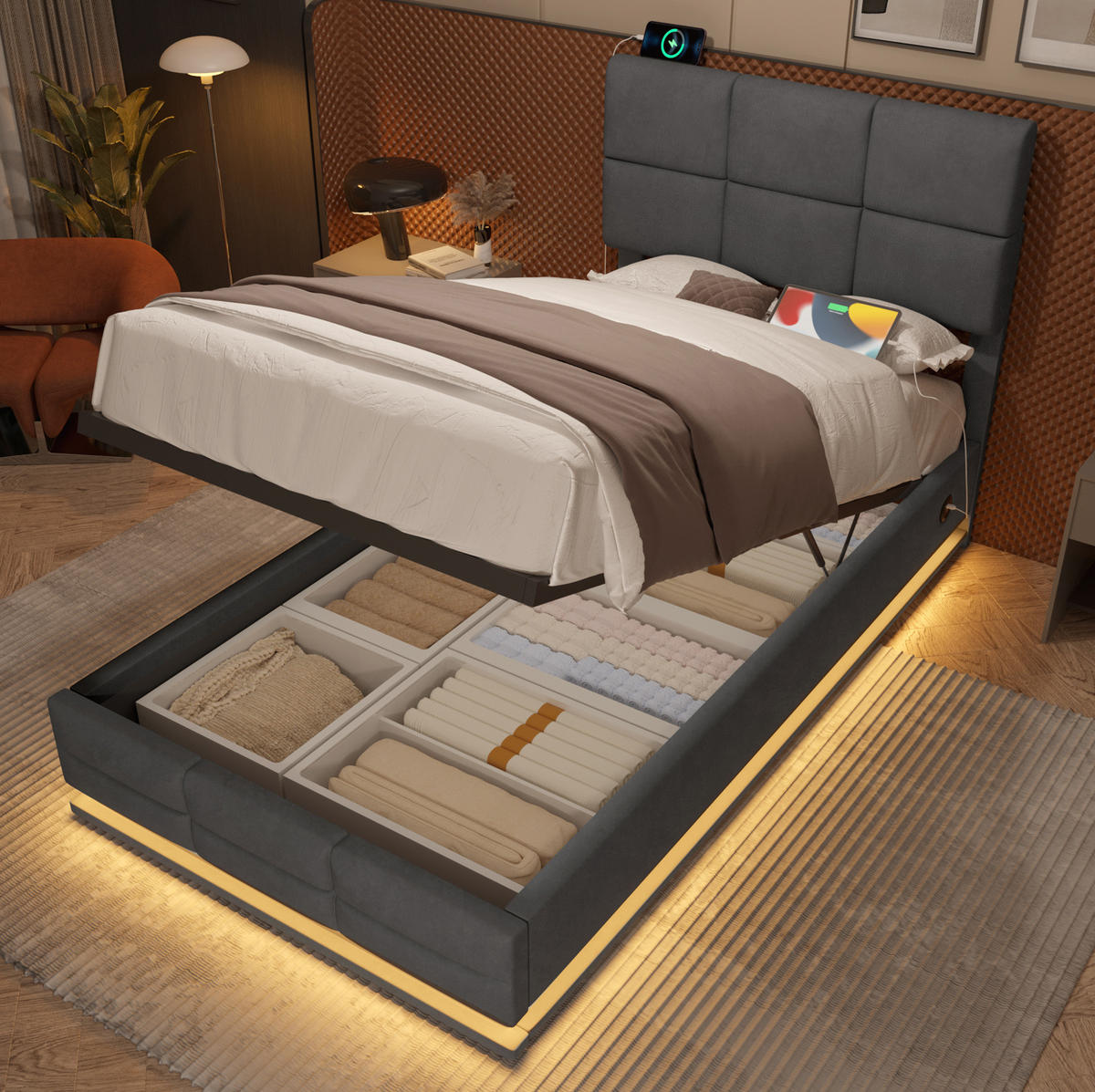 ČALOUNĚNÁ postel ze sametu, 90/200 cm tmavě šedá, LED osvětlení, USB a úložný prostor - tmavě šedá, textil (90/200cm) - Modenvie