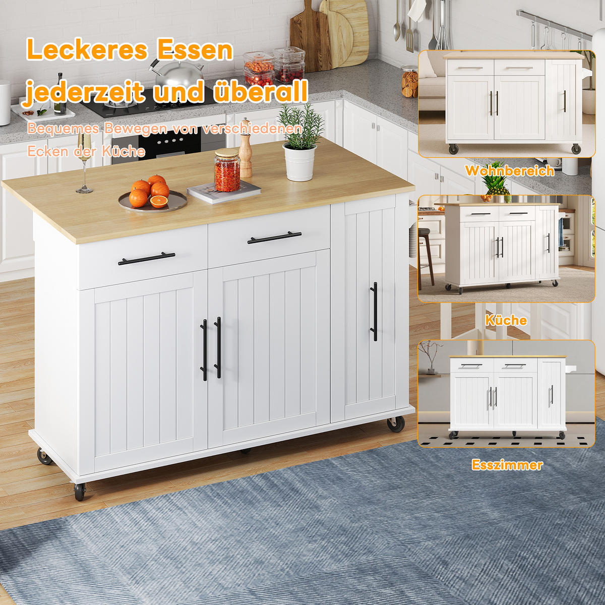 MOBILER Kücheninselwagen 120x65x90cm Weiß mit Auszug, Klappplatte & 5 Rollen - Weiß, Holzwerkstoff (120/90/65cm) - Modfu
