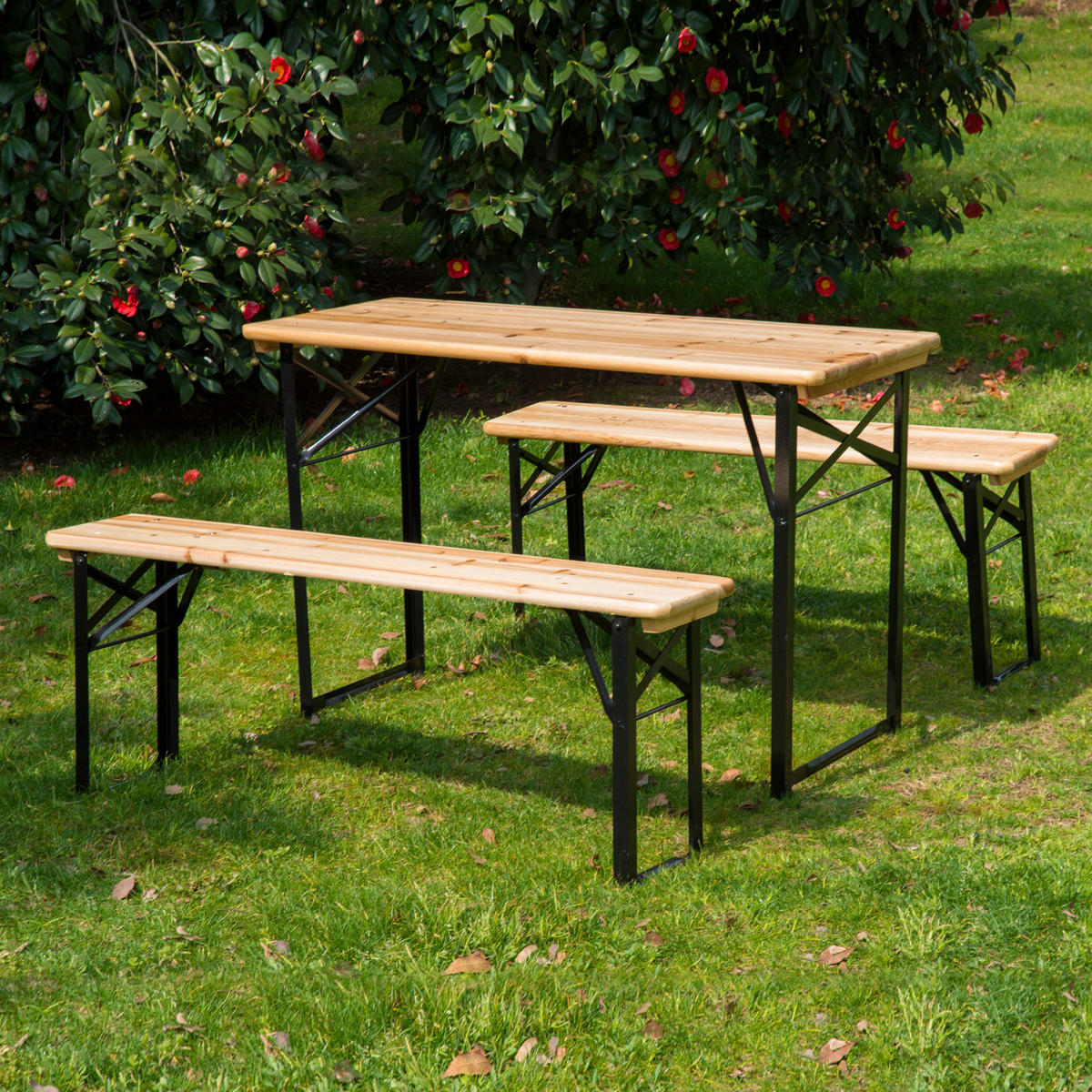 GARTENTISCH-SET DE-14074 klappbar, mit 2 Bänken Schwarz - Naturfarben, Holz - ComfortXL