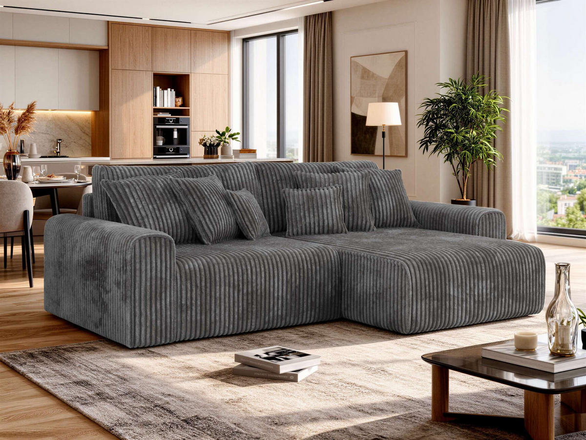 ECKSOFA ELARA L Grau Cord - Schwarz/Grau, Kunststoff/Textil (278/192cm) - MKS