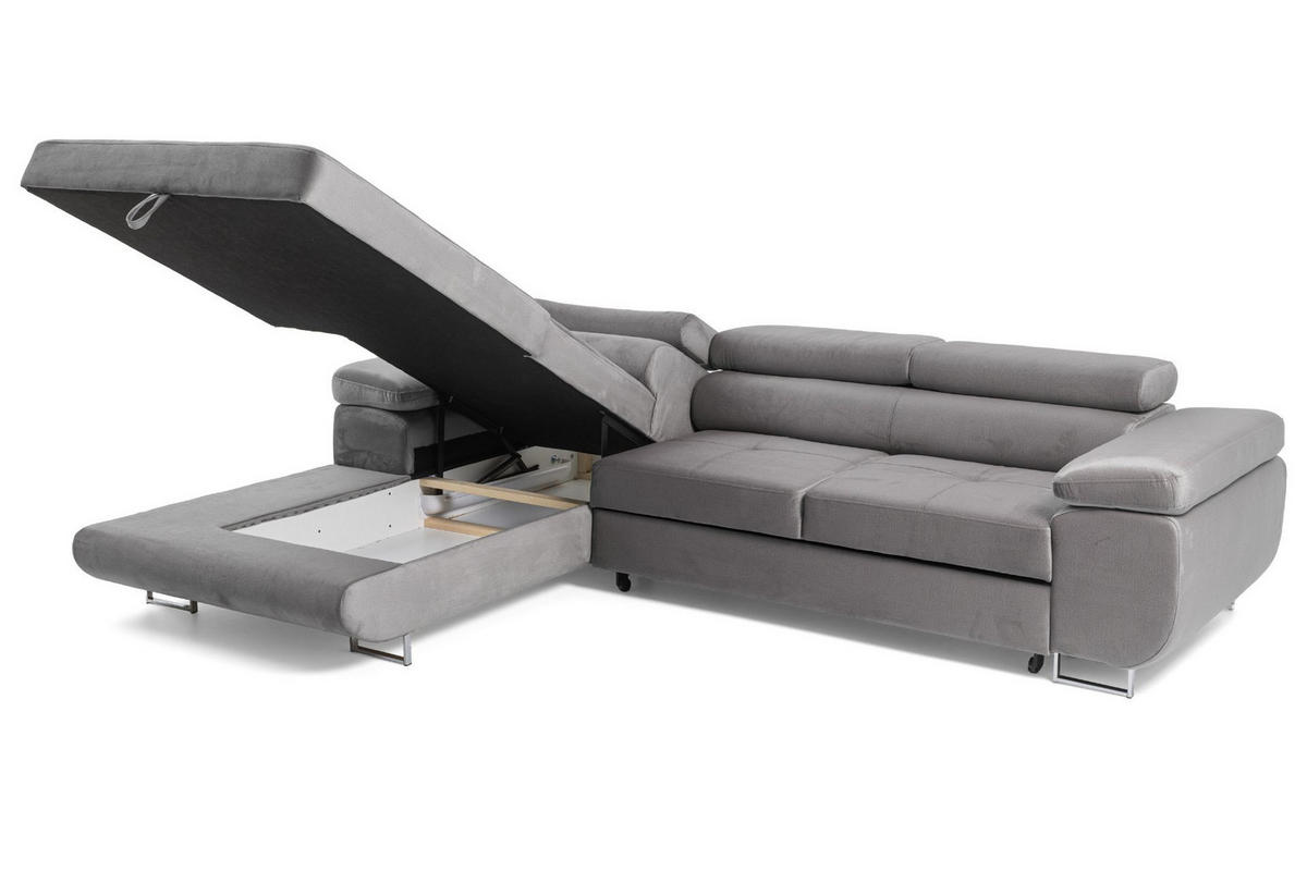 ECKSOFA ALONZO L Links mit Schlaffunktion 125x195 Velours Grau - Silberfarben/Grau, Holz/Textil (275/203cm) - Muffo