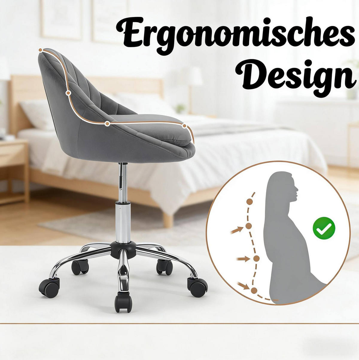 BÜROSTUHL in Dunkelgrau 52x47,5x82 cm aus Samt, höhenverstellbar und drehbar - Dunkelgrau, Metall (47.5/82/52cm) - IVMEU
