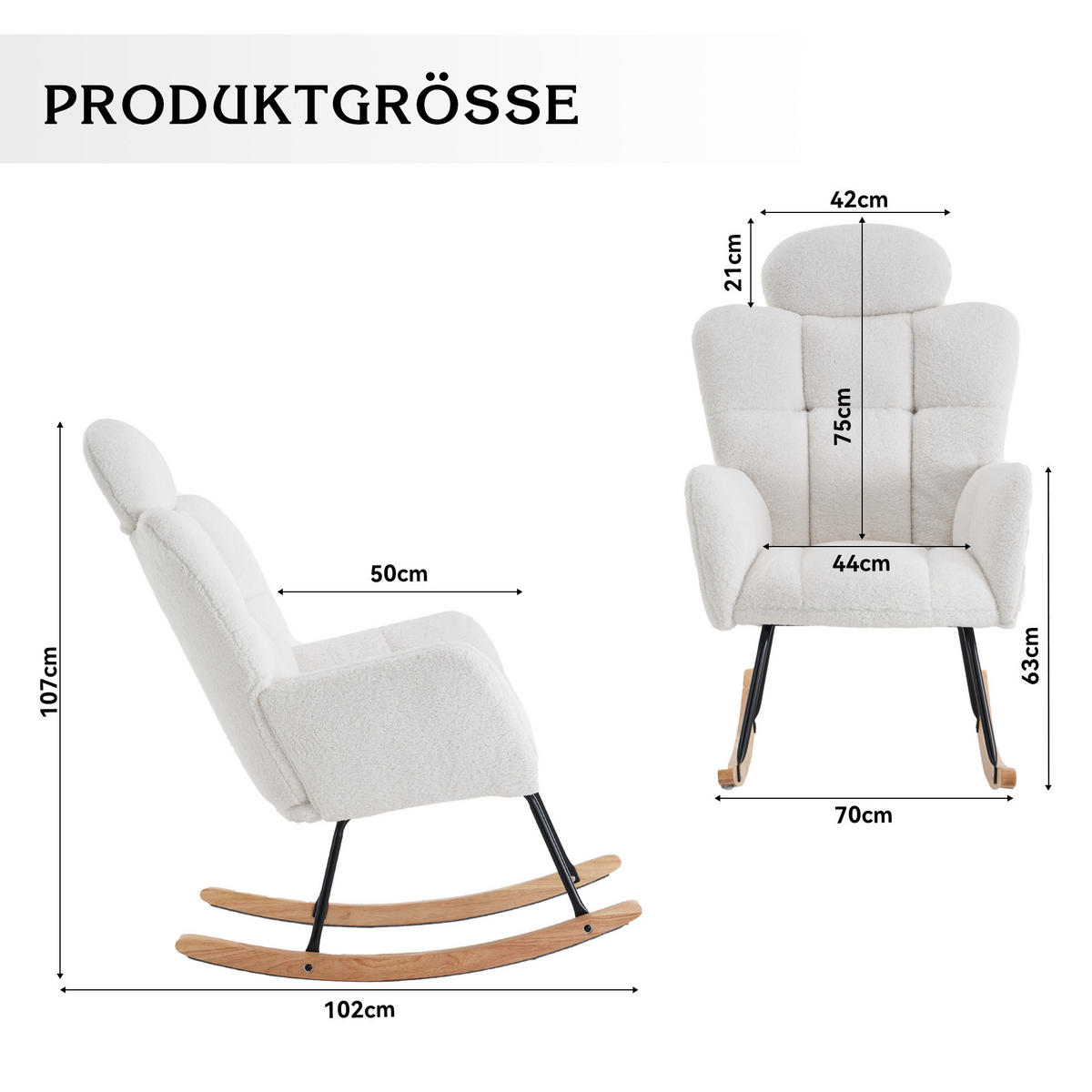 SCHAUKELSTUHL Teddy-Stoff mit Kopfpolster und Filzgleitern 102/70/107 cm Weiß - Weiß, Textil (70/107/102cm) - Redom