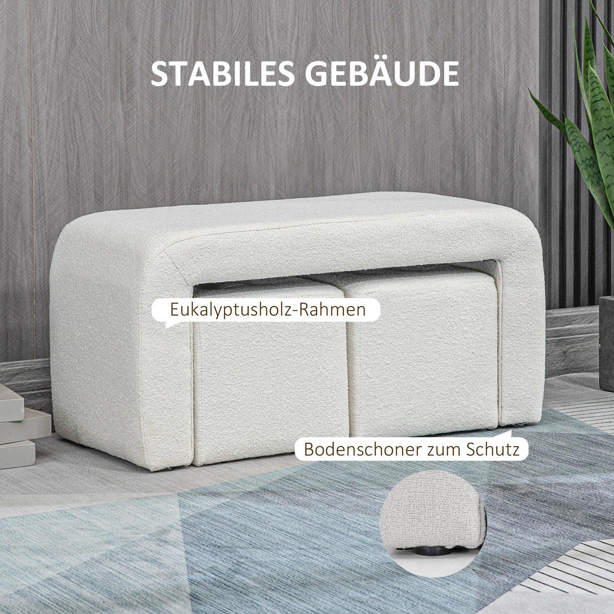 FUSSHOCKER 3 tlg., Sitzhocker, Weiß - Weiß, Kunststoff (42.5/45/89cm) - HOMCOM