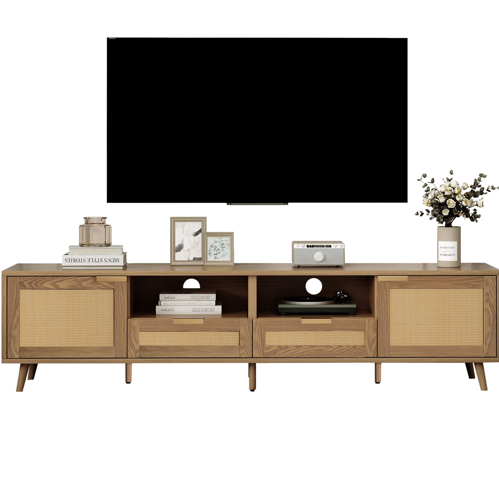 TV-SCHRANK in Eiche mit Rattan-Details, 2 Türen und 2 Schubladen 200/37/49 cm - Eichefarben, Holzwerkstoff (200/49/37cm) - Redom