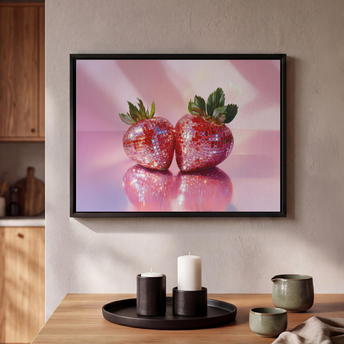 LEINWAND Bilder mit Rahmen - Disco - Obst - Glitzer - Erdbeere - 40x30 - Pink, Textil (40/30cm) - MuchoWow