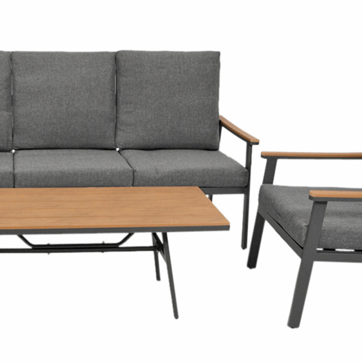 LOUNGESET Chatham - 4-teilig (1x 3-Sitzer Sofa mit Polster, 2x 1-Sitzer Lehnensessel mit Polster, 1x Kaffetisch) - Grau, Metall - TPFGarden