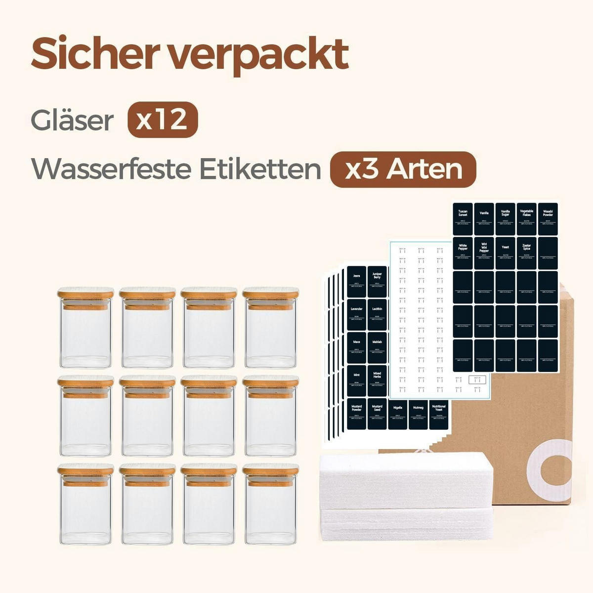 GEWÜRZGLÄSER 12-teiliges Set 240 ml Glas mit Holzdeckel - Multicolor, Glas (6/10.6/6cm)