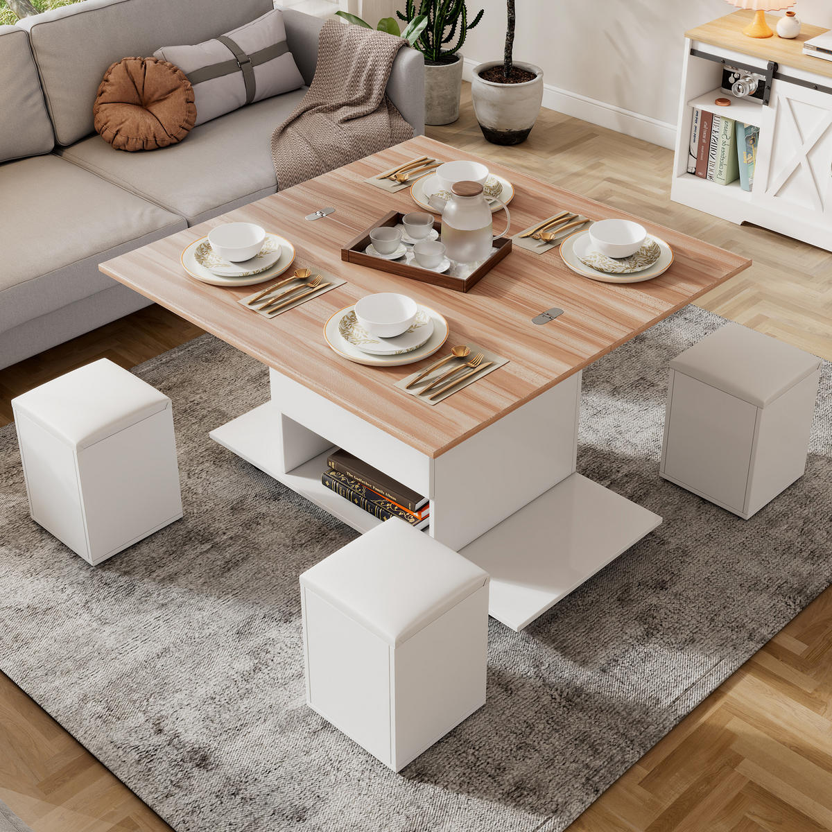 COUCHTISCH DE-37089 mit Lift-Top und 4 Hockern Weiß/Natur - Weiß, Holzwerkstoff (100/100/63.5cm) - ComfortXL