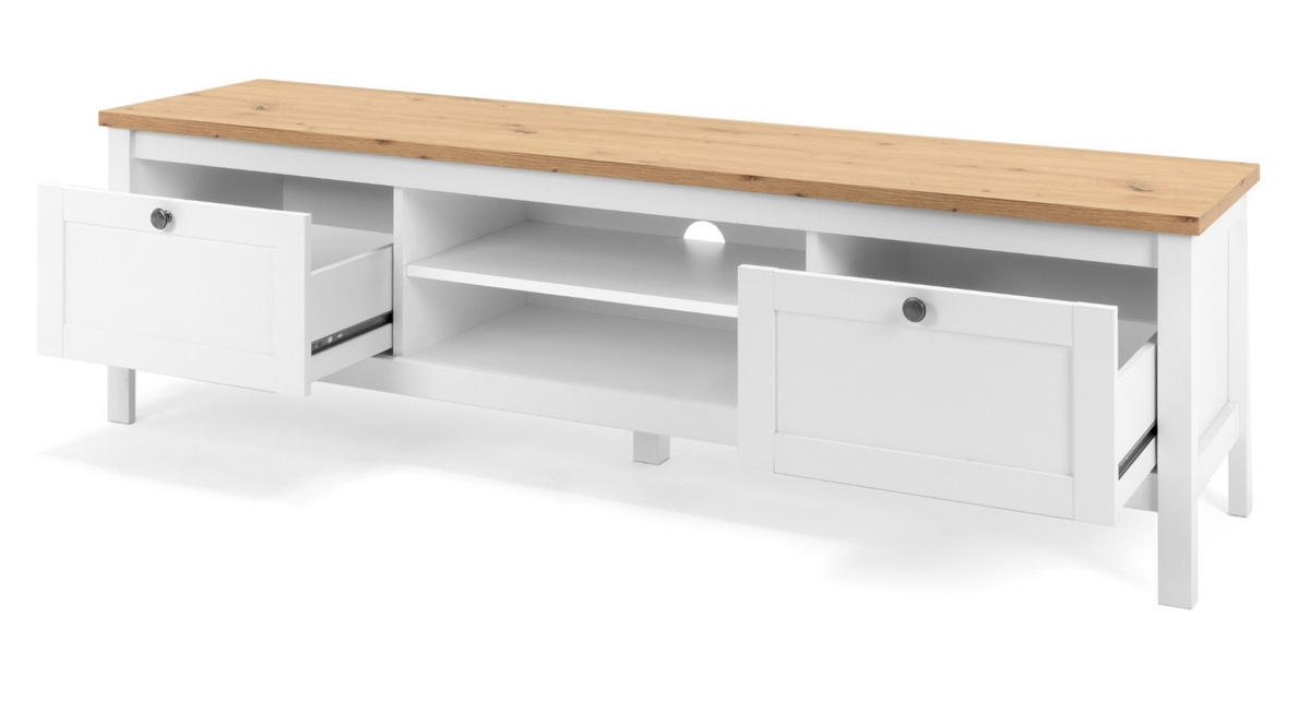 TV-LOWBOARD weiß, Eiche Artisan 160 cm Landhaus, TV-Unterteil mit 2 Schubkästen - Silberfarben/Weiß, Holzwerkstoff/Kunststoff (160/45/40cm) - Furn.Design