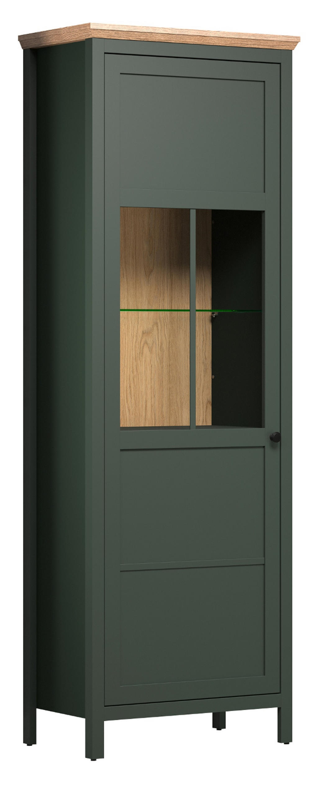 VITRINE grün, Evoke Eiche Landhaus 69 x 198 cm, Vitrinenschrank inklusive LED Beleuchtung - Eichefarben/Schwarz, Glas/Holzwerkstoff (69/198/39cm) - Top.Furn