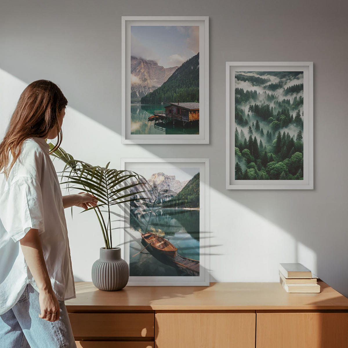 WANDBILDER 3er-Set - 40x60 cm Weißer Rahmen - Bergsee, Boot, Waldnebel - Weiß, Kunststoff (40/60cm) - ArtPrintCave