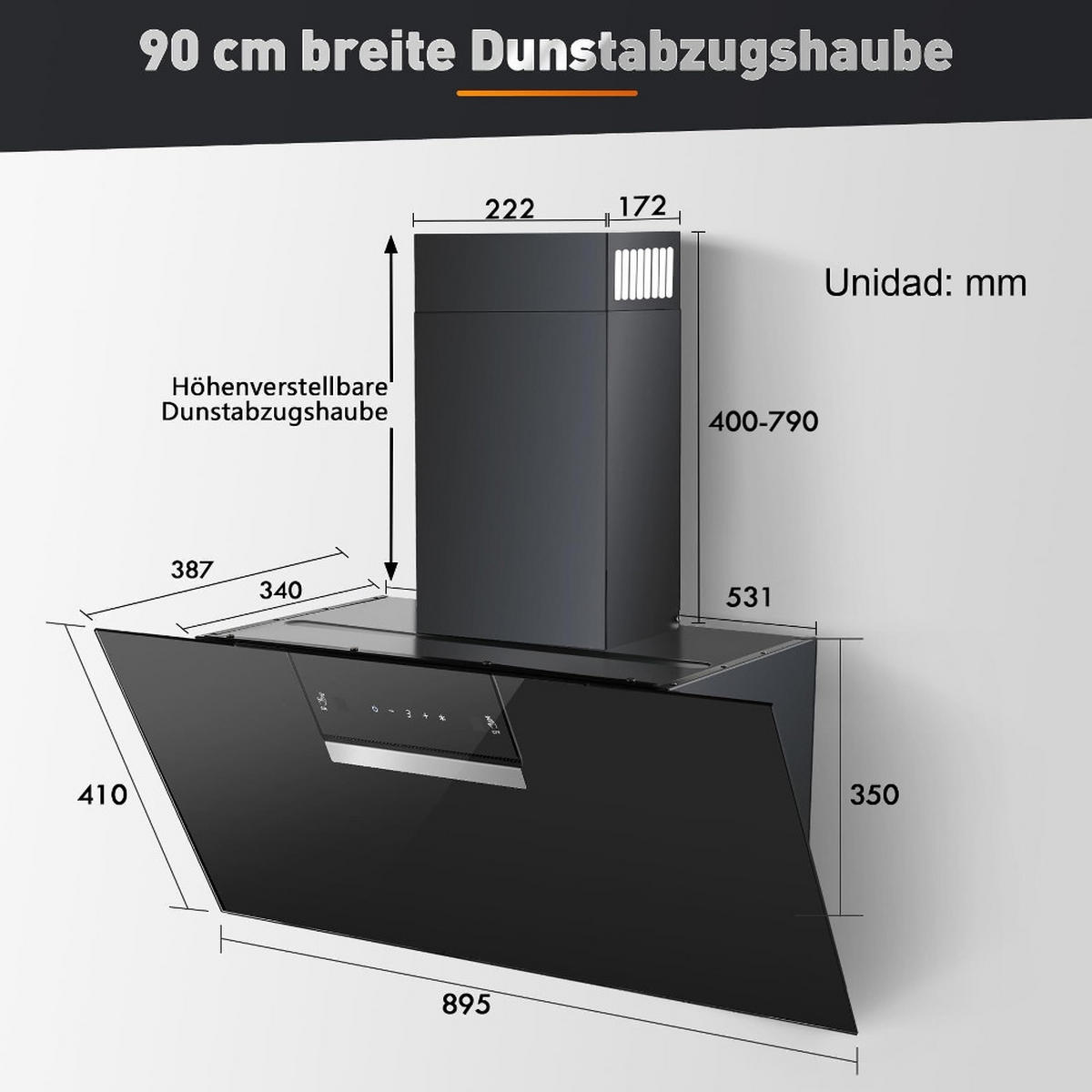 DUNSTABZUGSHAUBE, 800 M³/H SAUGKRAFT UND GESTENSTEUERUNG, Glas Schwarz, Kopffreie Wandhaube, 90 cm - Schwarz, Metall (43/48.51/96.01cm) - Rolipo