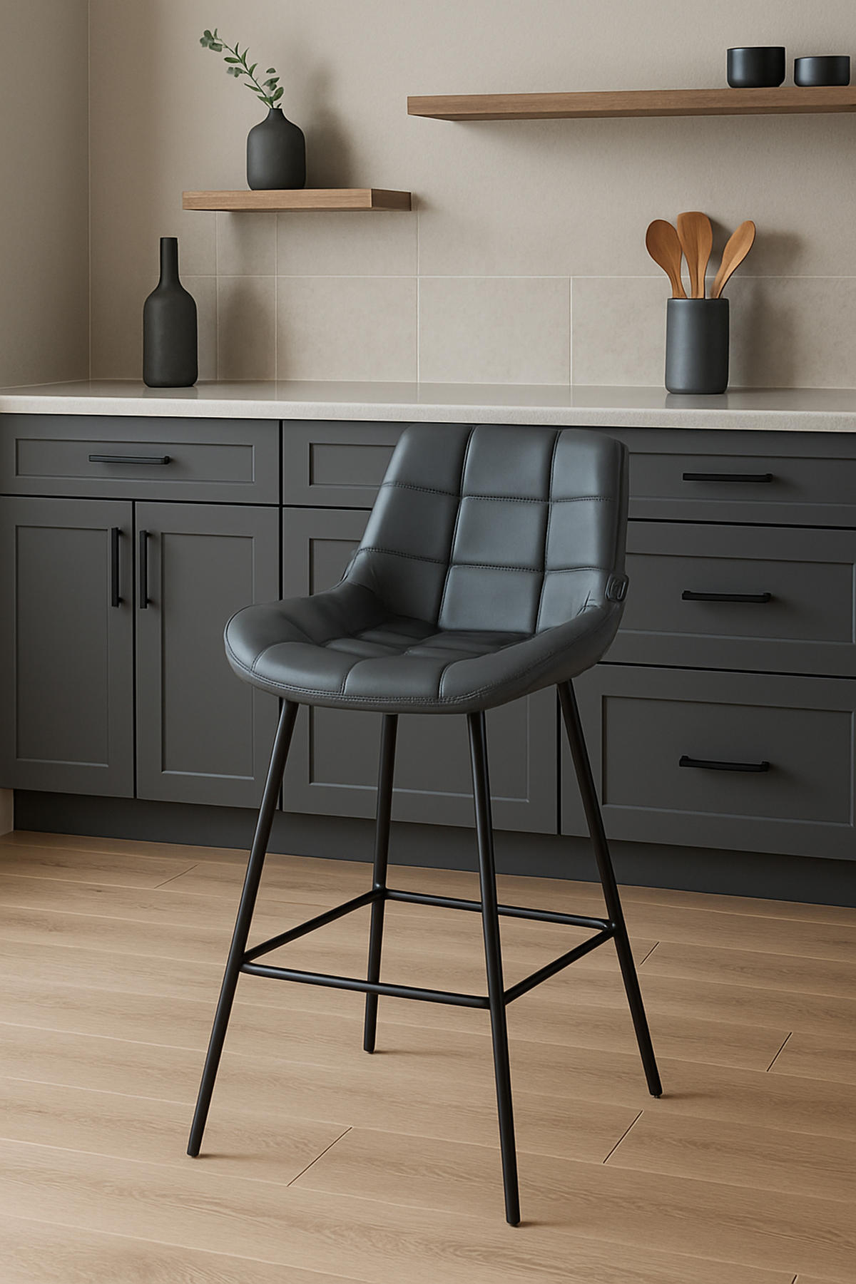 BARHOCKER Welton Kunstleder grau - Schwarz/Grau, Kunststoff/Metall (49/104/56cm) - TPFLiving