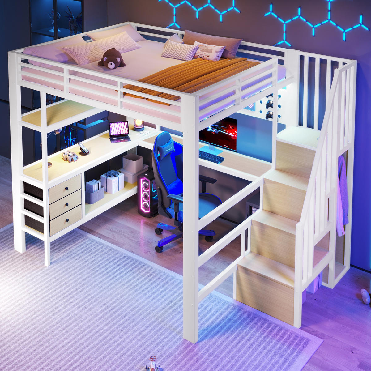 HOCHBETT 140/200 cm aus Metall und MDF mit Schreibtisch, Stauraumtreppe und LED-Beleuchtung Weiß - Weiß, Holzwerkstoff (140/200cm) - Modenvie