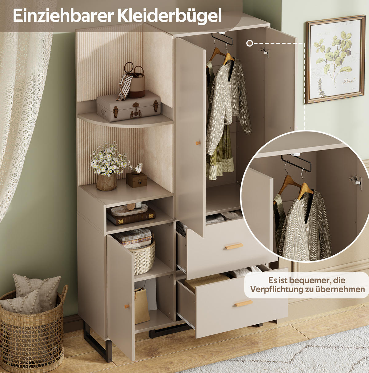 STANDGARDEROBE 110/38/186 cm mit Kleiderstange, Schubladen und Schrank in Graubeige - Beige, Holzwerkstoff (110/186/38cm) - BEAOK