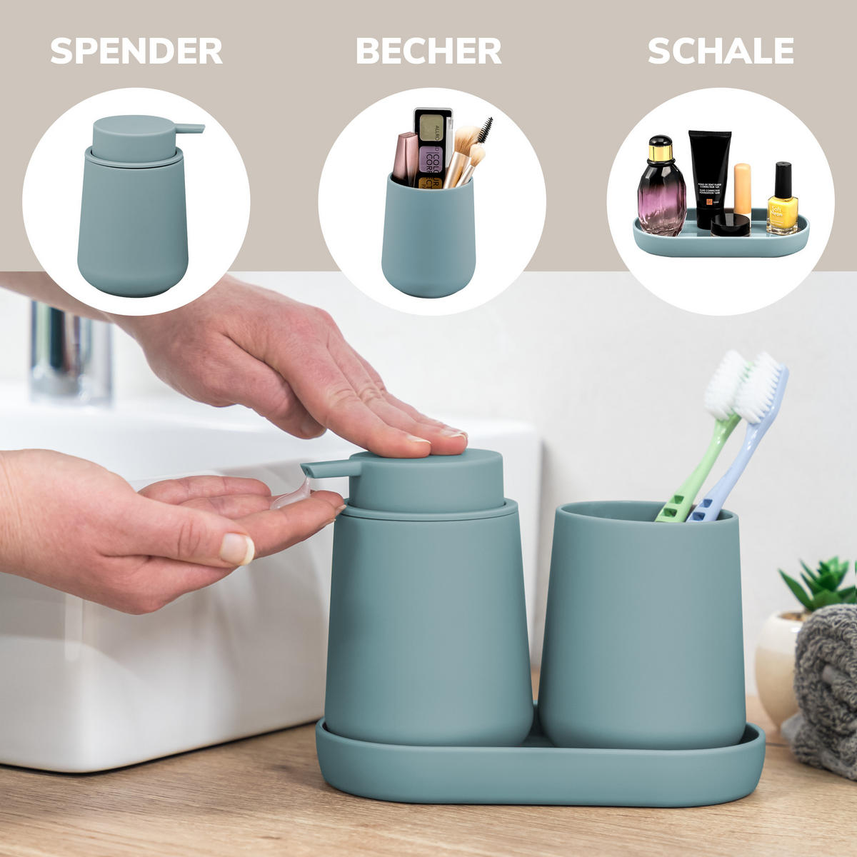 BAD-ACCESSOIRES-SET TESERO, Soft-Touch, hellblau - Hellblau, Kunststoff (22.5/25.5/25cm) - eluno