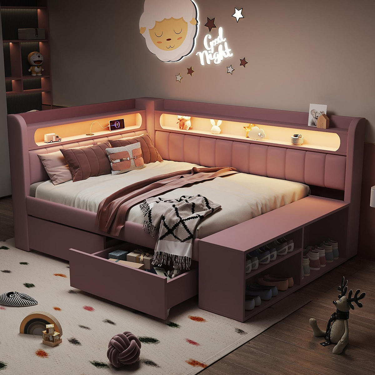 POLSTERBETT 90x200cm, inklusive Schuhschrank und zwei Schubladen, Rosa - Pink, Holz (90/200cm) - KOMHTOM