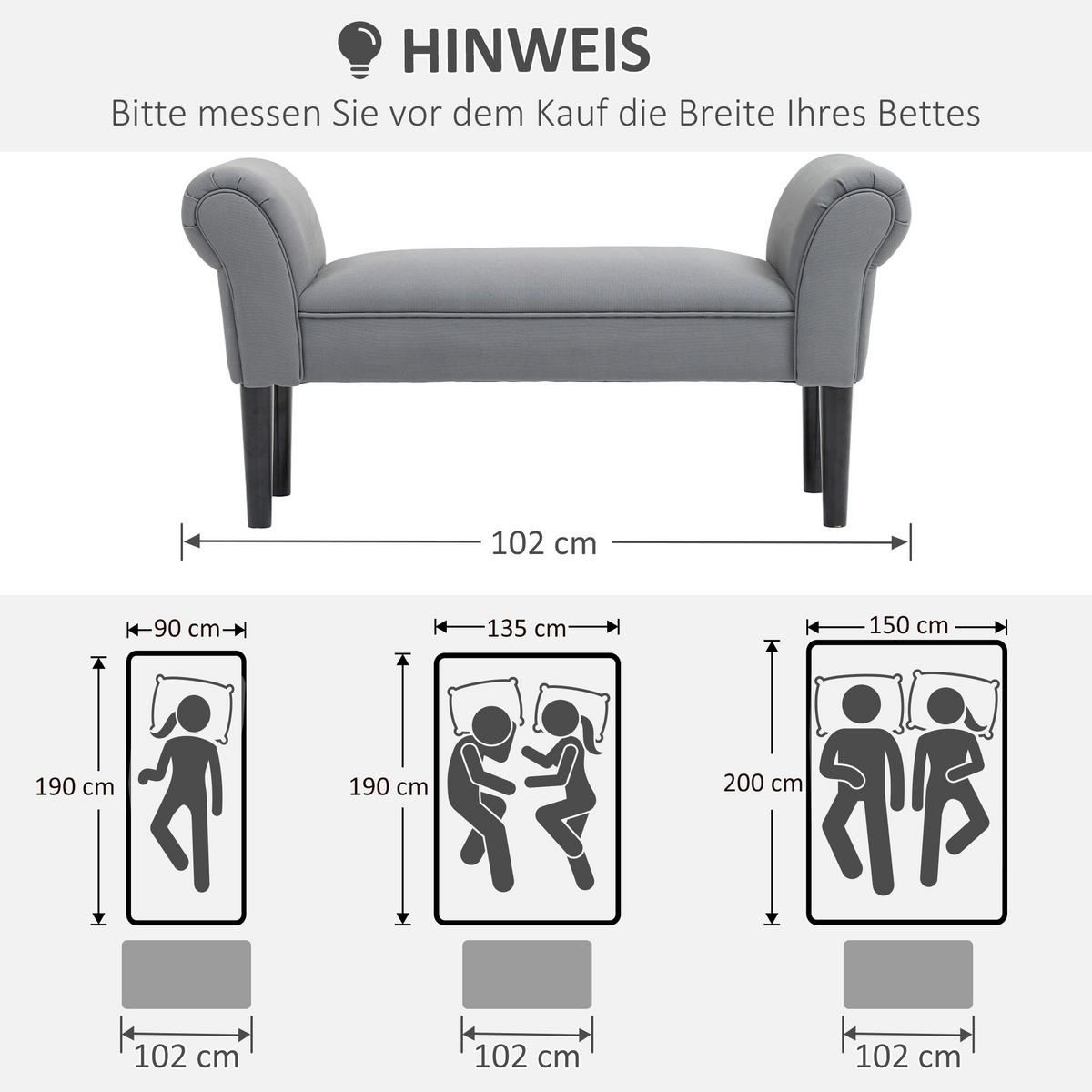 BETTBANK, Polsterbank, Sitzbank, Flurbank für Schlafzimmer, bis 130 kg Grau - Dunkelgrau, Kunststoff (36/51/102cm) - HOMCOM