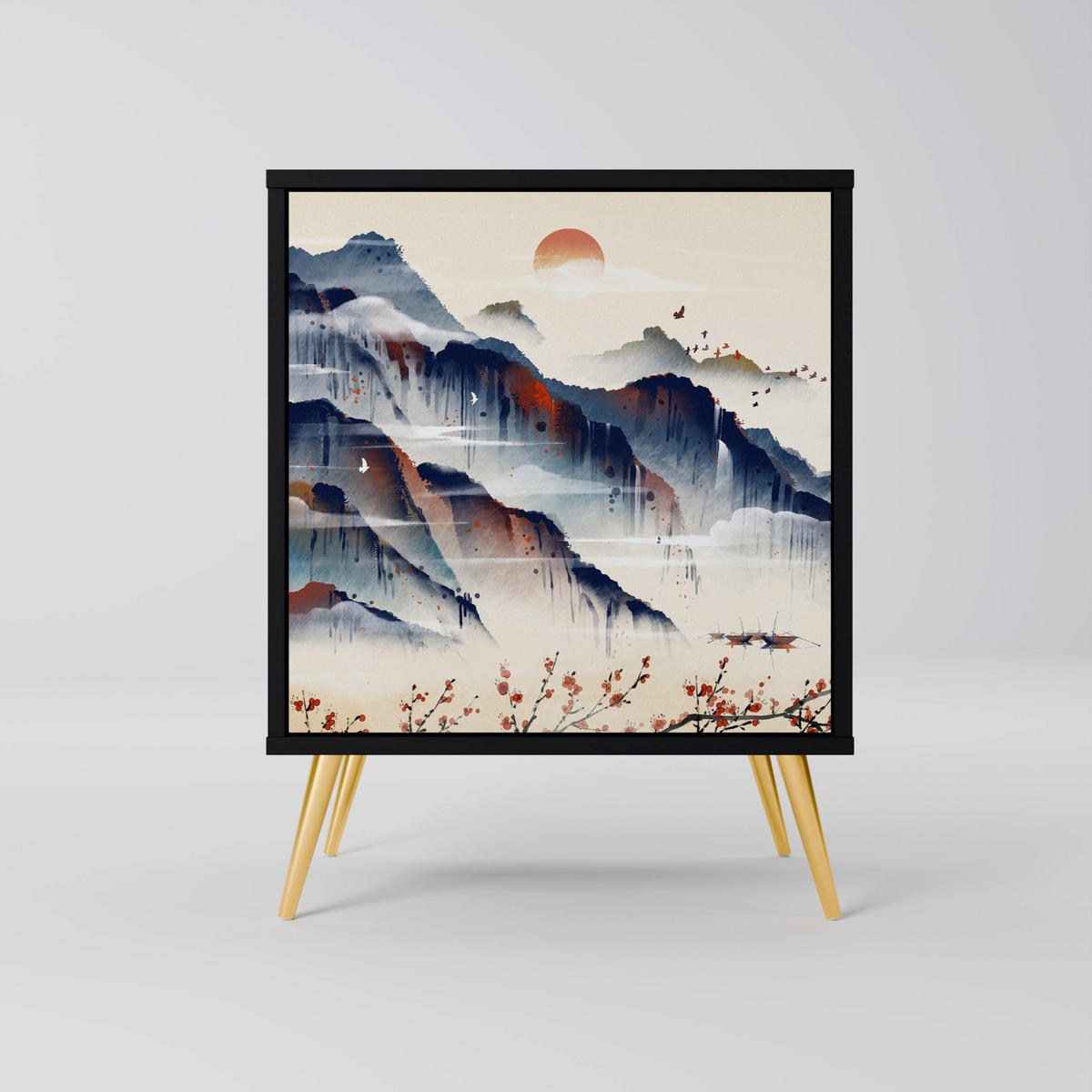SIDEBOARD JAPANESE LANDSCAPE, Schwarz, 57,5x42x75,5 cm, Goldfarbene Metallfüße - Goldfarben/Multicolor, Holzwerkstoff/Metall (57.5/75.5/42cm) - SpaceRebels