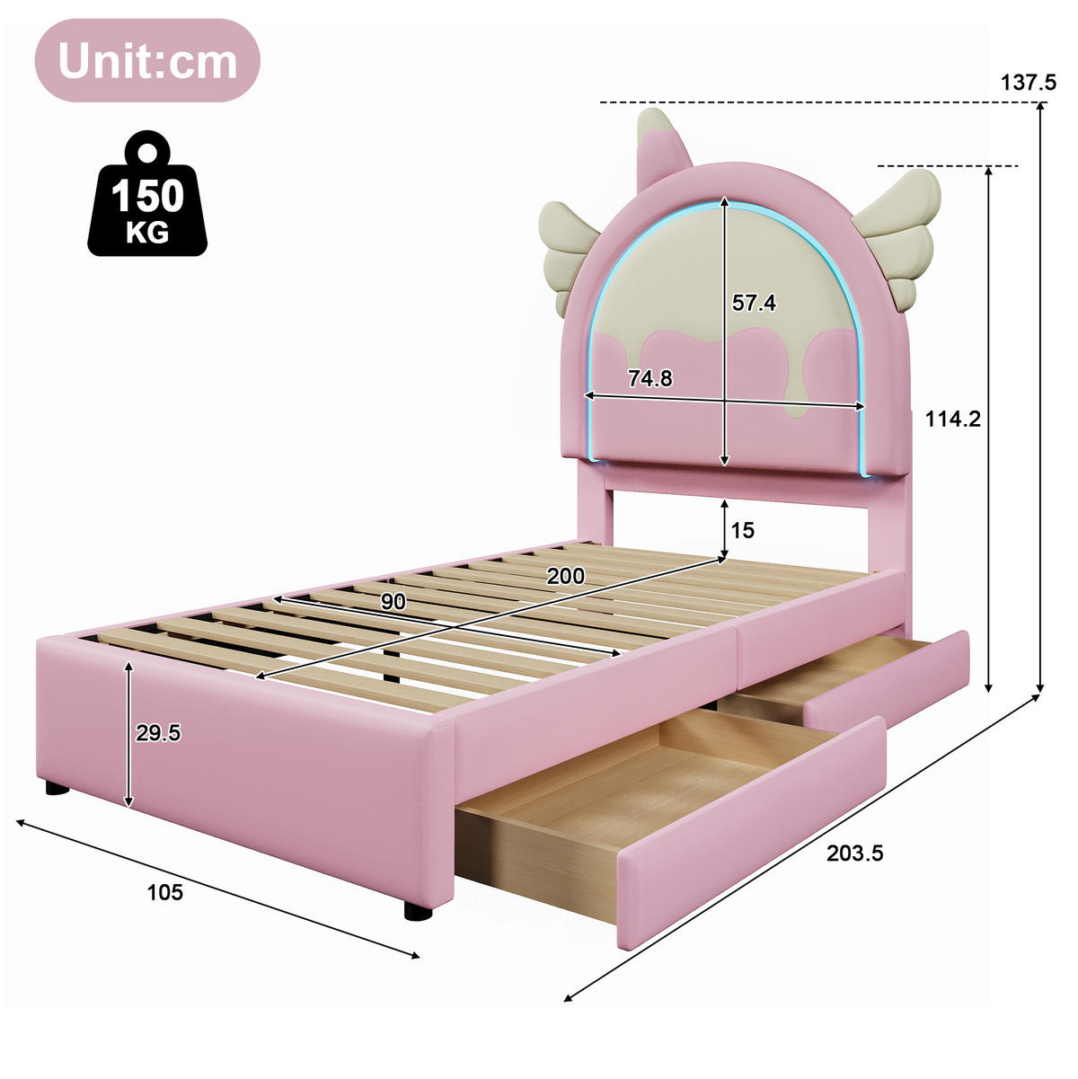 KINDEREINZELBETTEN aus Kunststoff 90x200 cm in Pink mit LED-Leiste & 2 Schubladen - Rosa, Kunststoff (90/200cm) - Modfu