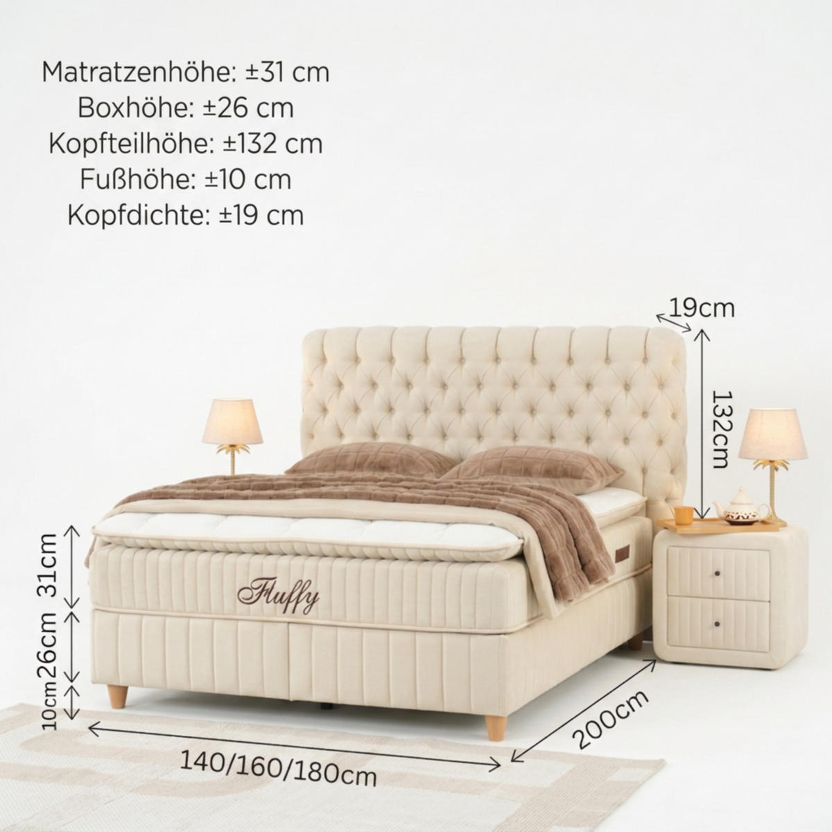 BOXBETT Fluffy Set Beige Boxspringbett 140x200 mit Matratze inkl. Lieferung - Beige, Holz (140/200cm) - Gowoll