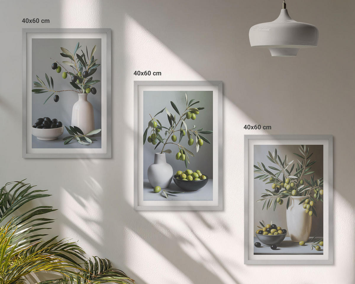 BILDER SET 3er Set - 40x60 cm Silberner Rahmen - Oliven in schlichten Vasen - Silberfarben, Kunststoff (40/60cm) - TULUP