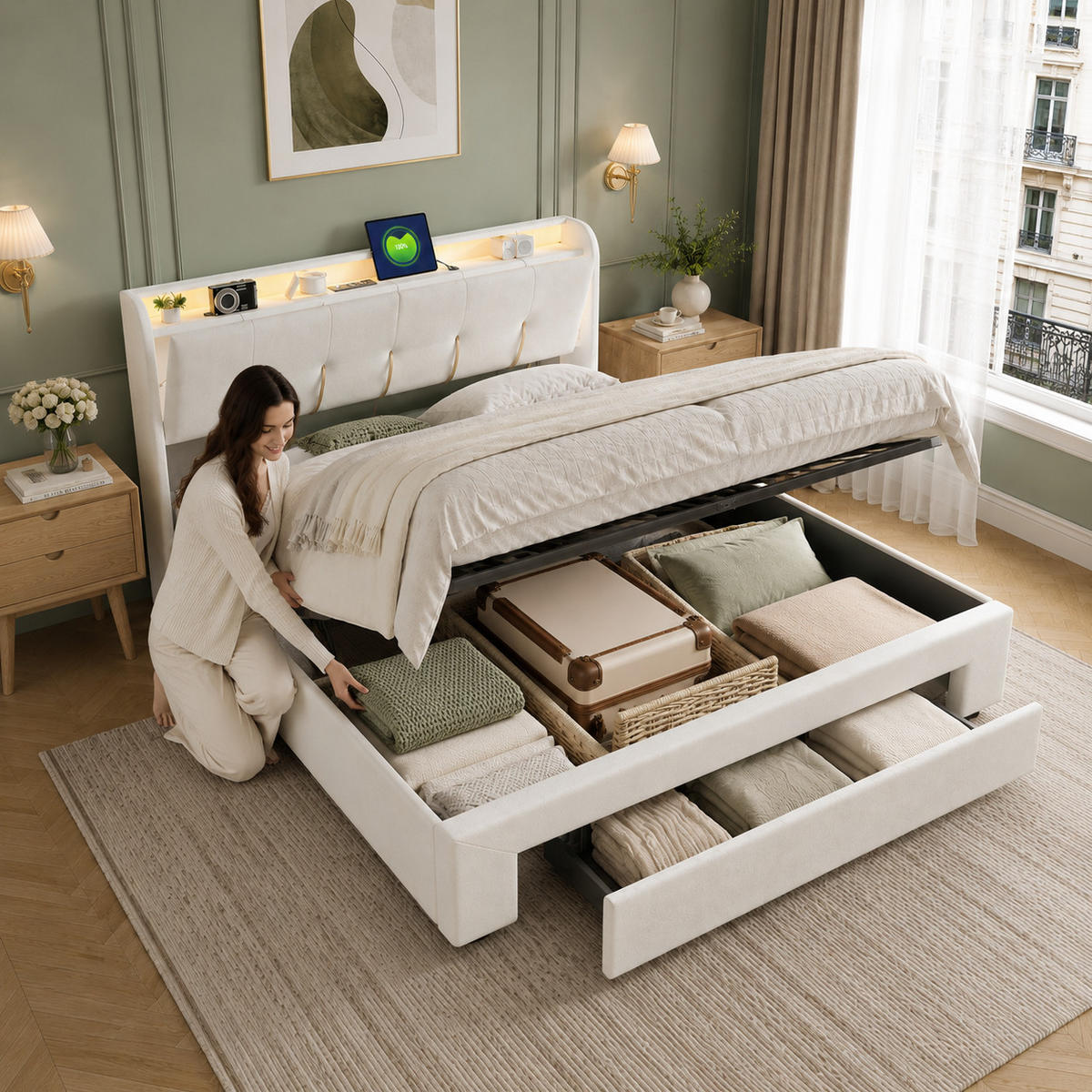 POLSTERBETT 160/200 cm mit USB & LED-Kopfteil und Stauraum - Beige, Holz/Metall (160/200cm) - Joyfair