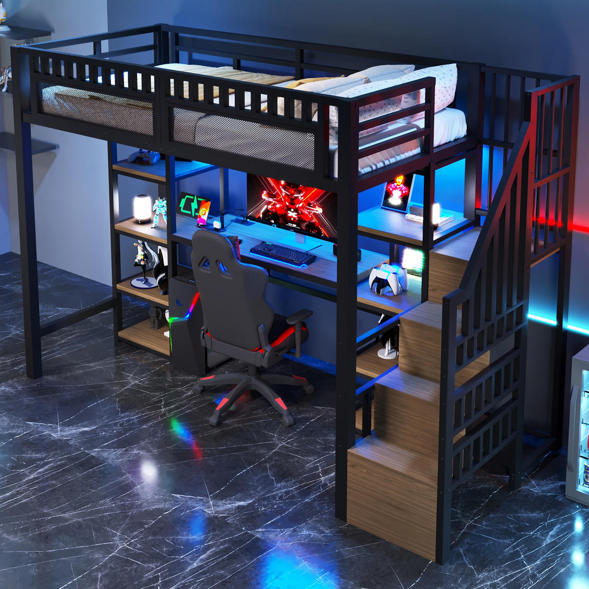 HOCHBETT 90x200cm Schwarz Metall LED-Licht Schreibtisch USB - Schwarz, Metall (90/200cm) - FLIEKS