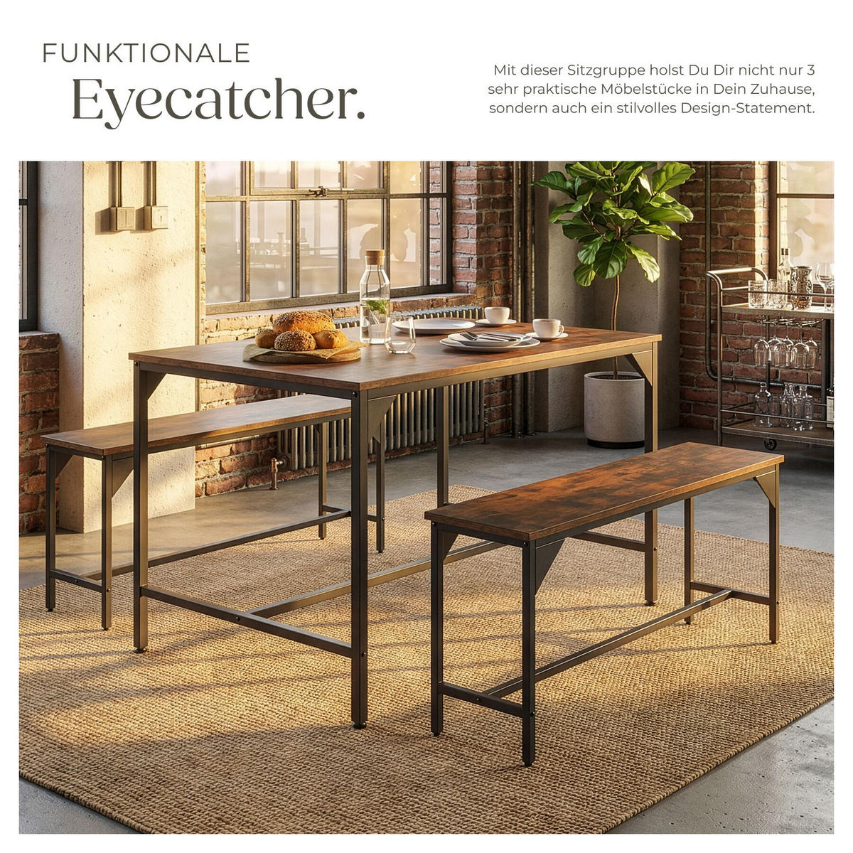 SITZGRUPPE Bolton, mit höhenverstellbaren Kunststofffüßen, Industrial Holz dunkel, rustikal - Rostfarben, Holz (130/75/100cm) - tectake
