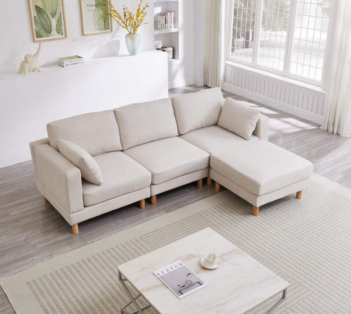 ECKSOFA 235/152/78 cm beige aus Polyester mit Hocker - Beige, Kunststoff (152/235cm) - OKWISH