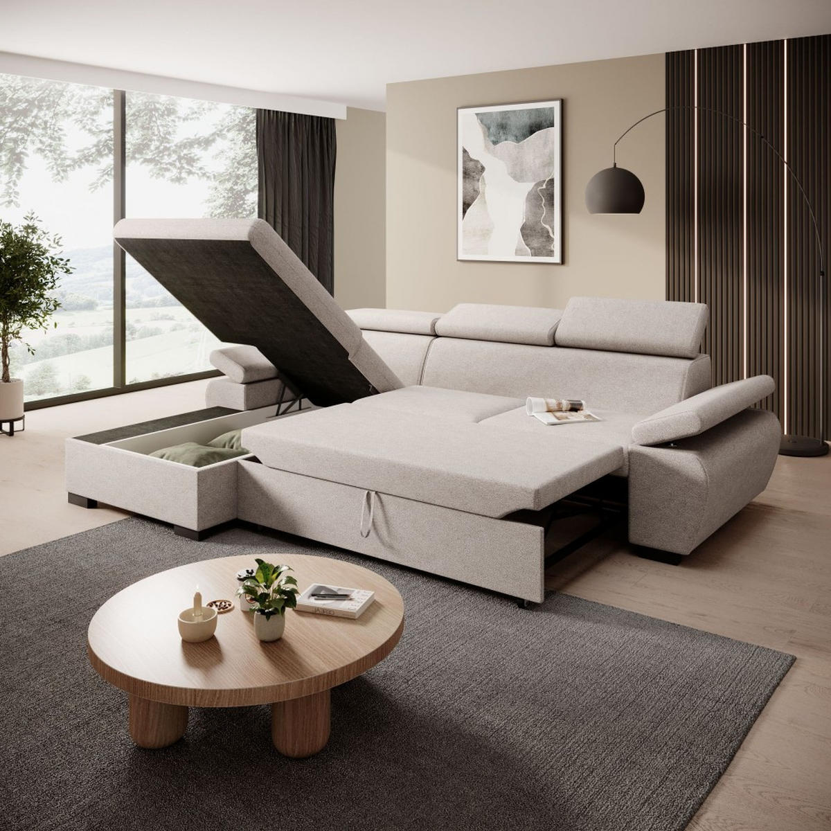 ECKSCHLAFSOFA Coco mit verstellbare Kopfstützen, beige, links - Beige, Textil (273/191cm) - Beautysofa