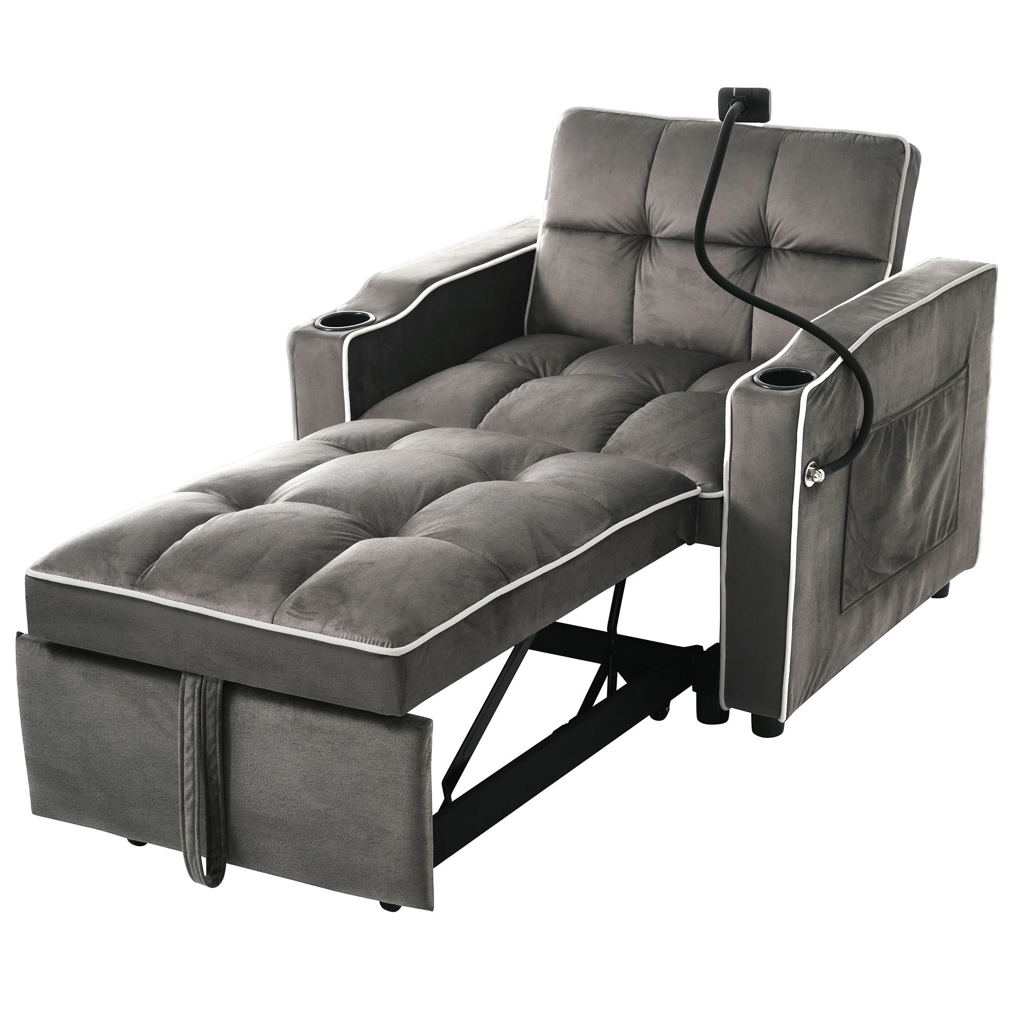 SOFA 3in1 Ausziehbar Schlaffunktion Getränkehalter Handyhalter Kleinraum - Grau, Holz (75.57/23.5/52.71cm) - FLIEKS