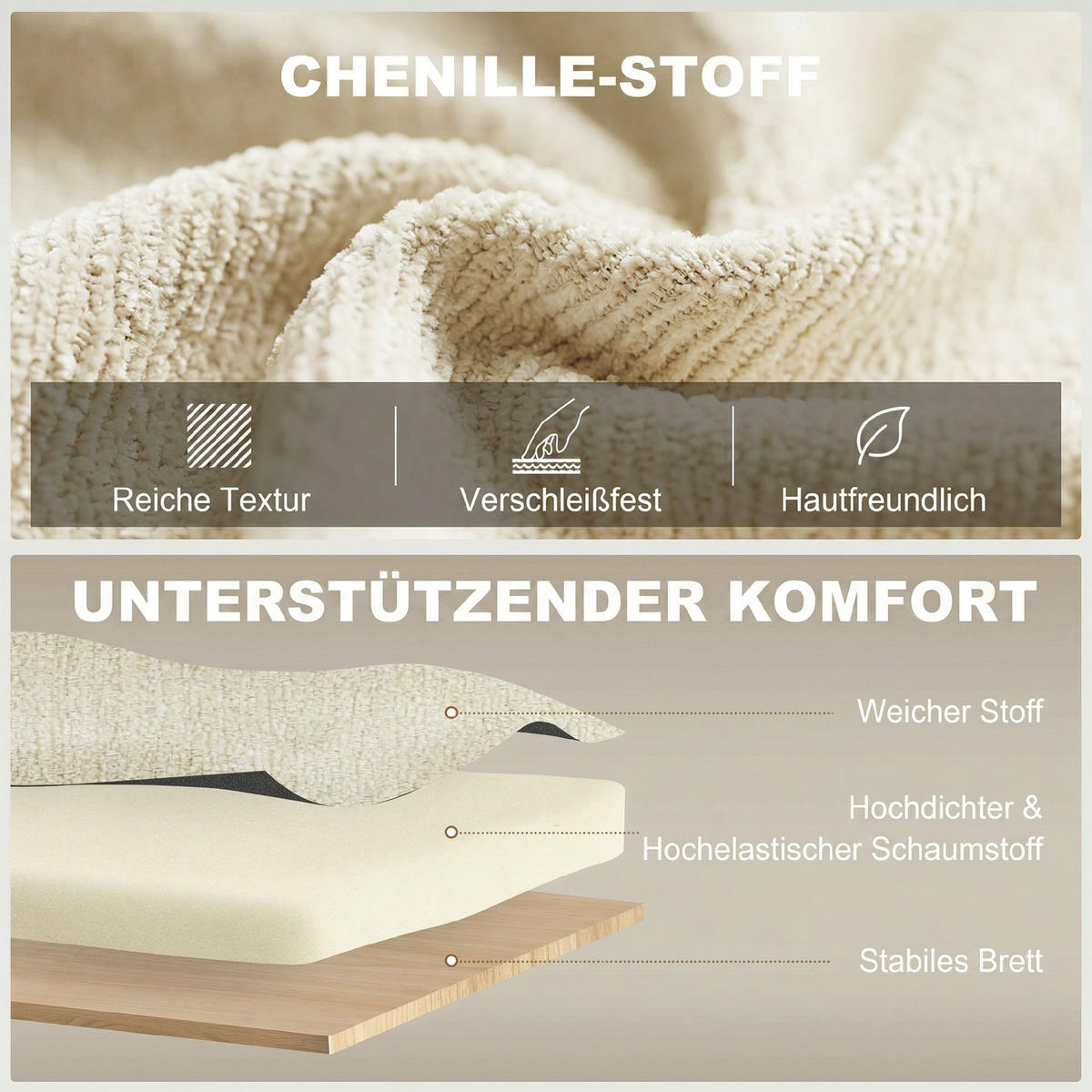 SCHLAFSOFA Chenille Beige - Beige/Schwarz, Holz/Kunststoff (90/84/166cm) - HOMCOM