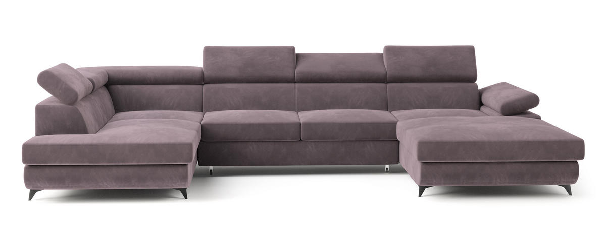 WOHNLANDSCHAFT RUBANO L-S Lila Velours-Stoff mit Schlaffunktion - Lila, Holz (339/89/190cm) - MASSENO