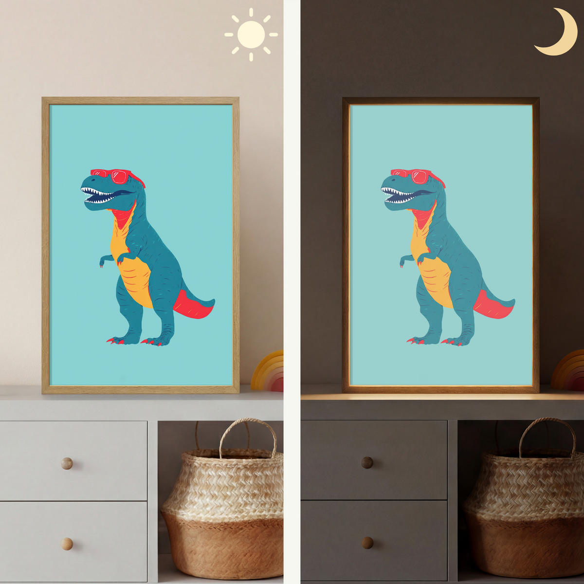 NÁSTĚNNÁ LAMPA S AKUMULÁTOREM Dinosaurus - Modrá - Sluneční brýle 40x60 cm - světle modrá, kompozitní dřevo (40/60/8cm) - OnlyWow